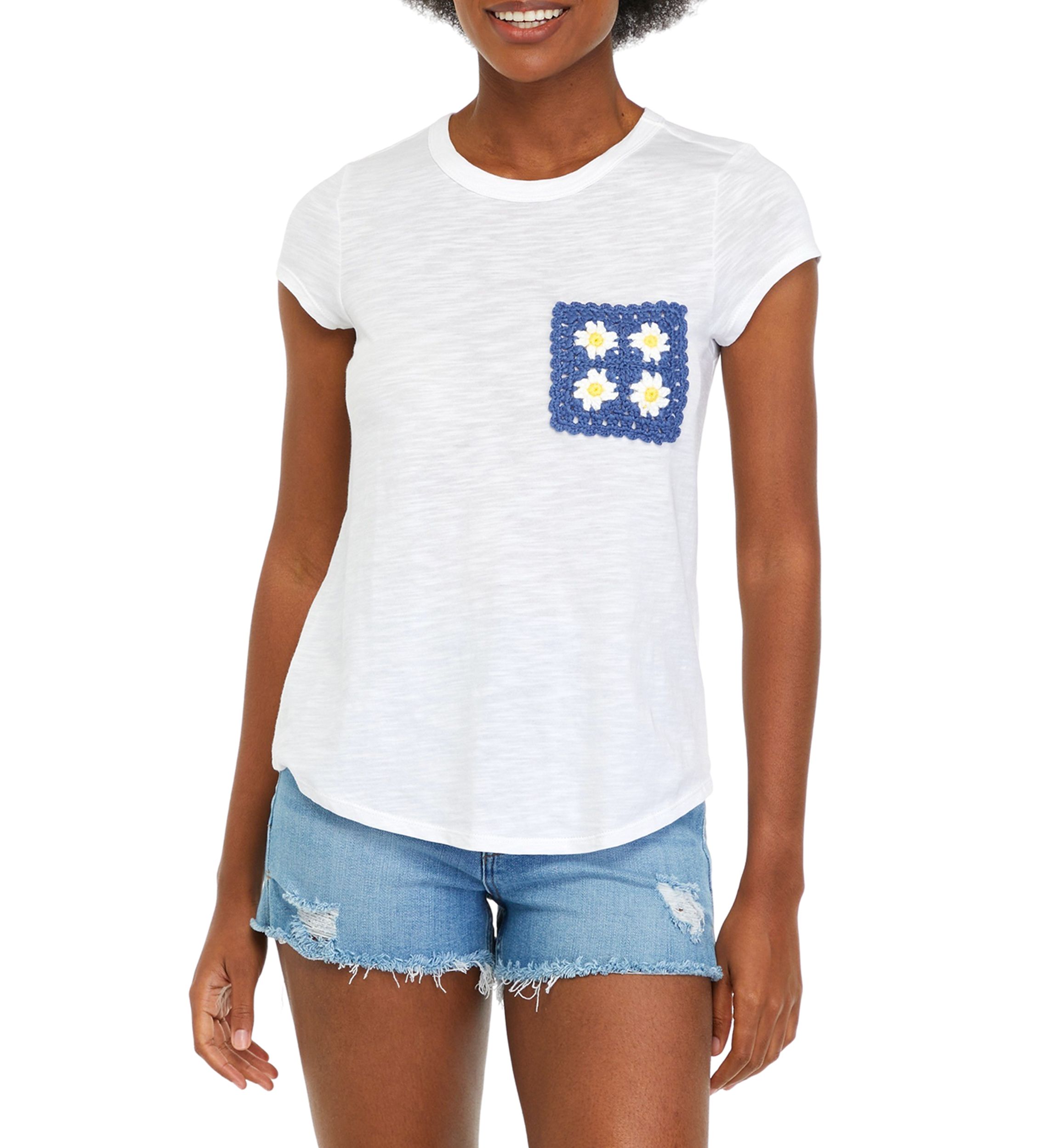 Womens Short Sleeve Crochet Pocket T-Shirt