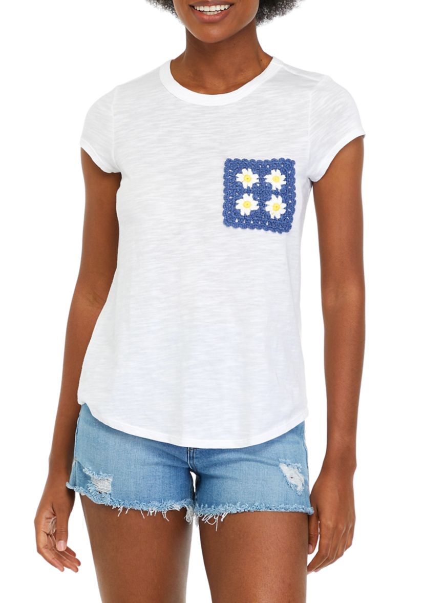 Womens Short Sleeve Crochet Pocket T-Shirt