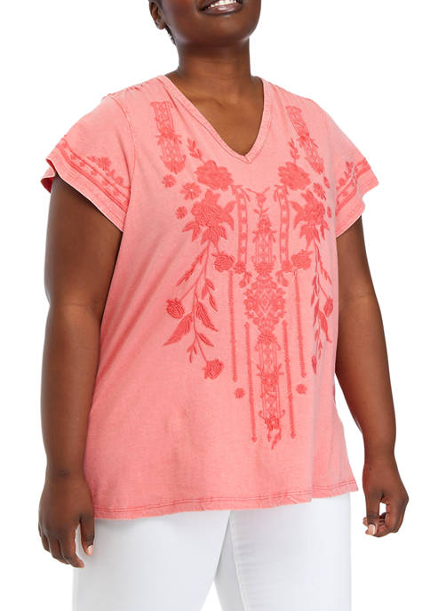 Cupio Plus Size Short Sleeve Tonal Embroidered Washed