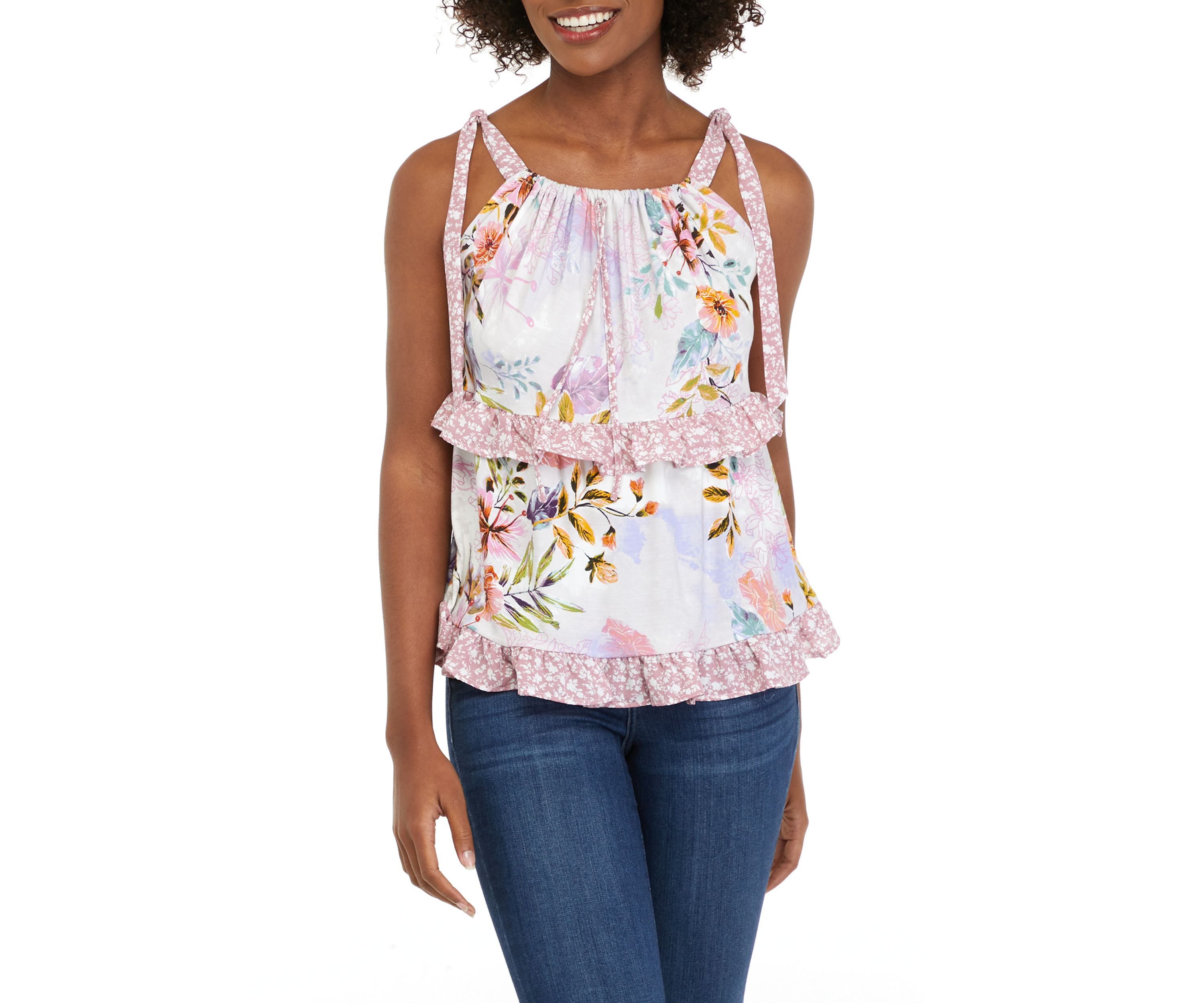 Womens Tie Strap Ruffle Tank 