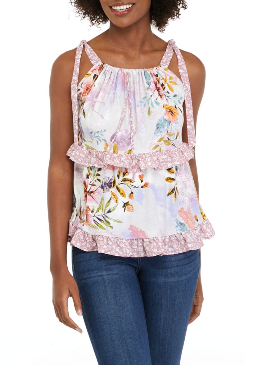 Womens Tie Strap Ruffle Tank 