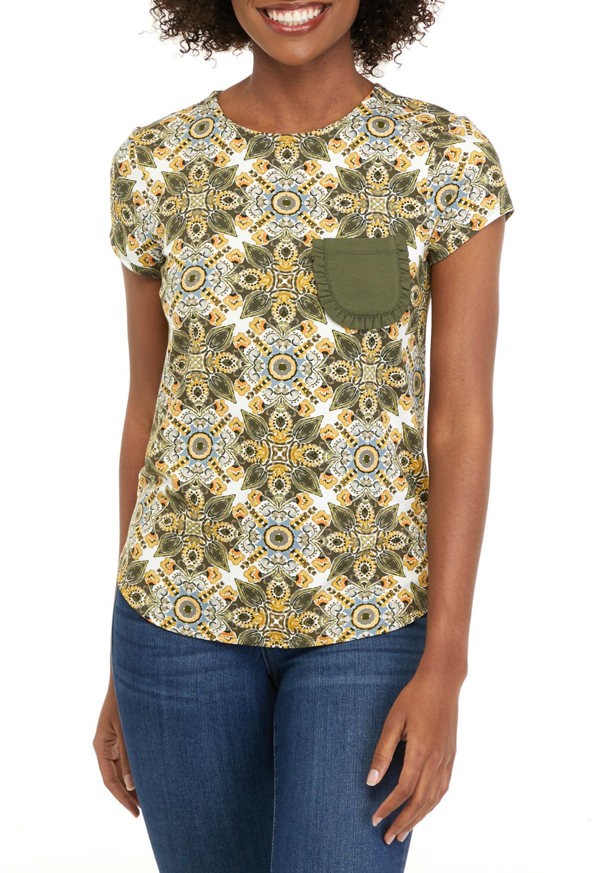 Womens Printed Cap Sleeve Pocket T-Shirt 