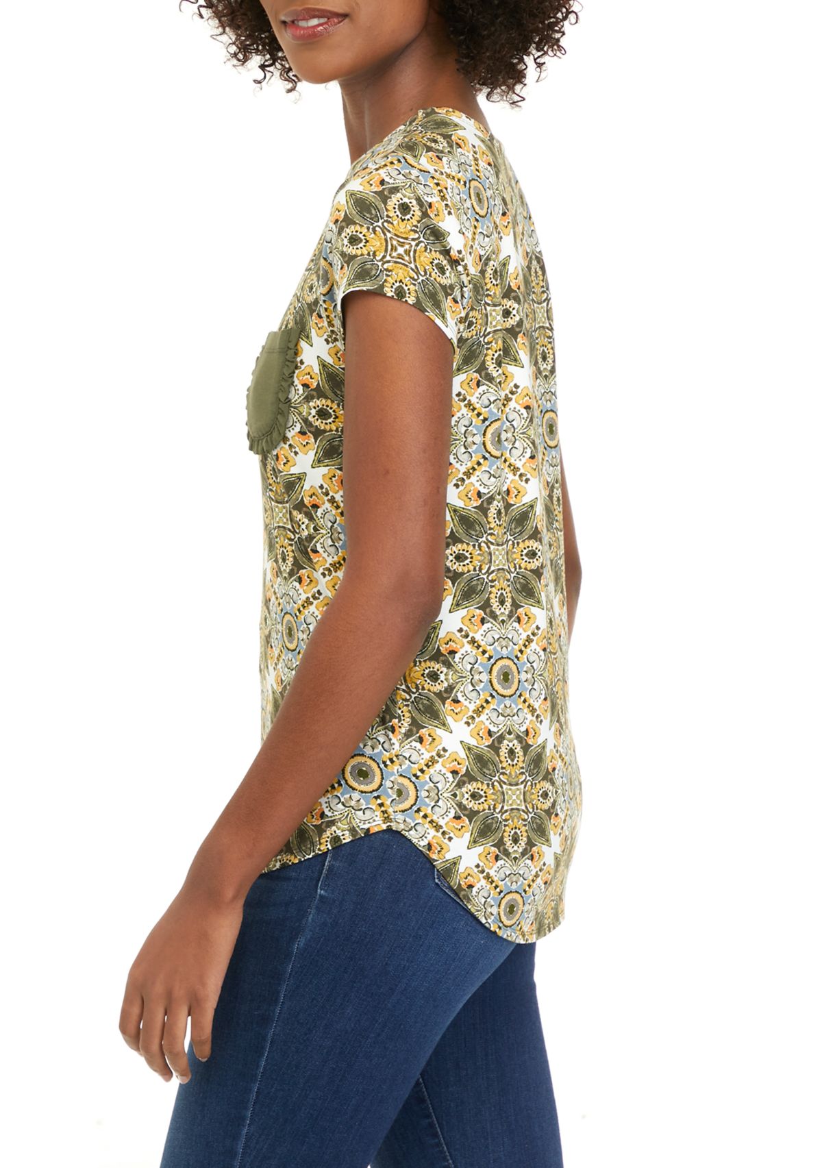 Womens Printed Cap Sleeve Pocket T-Shirt 