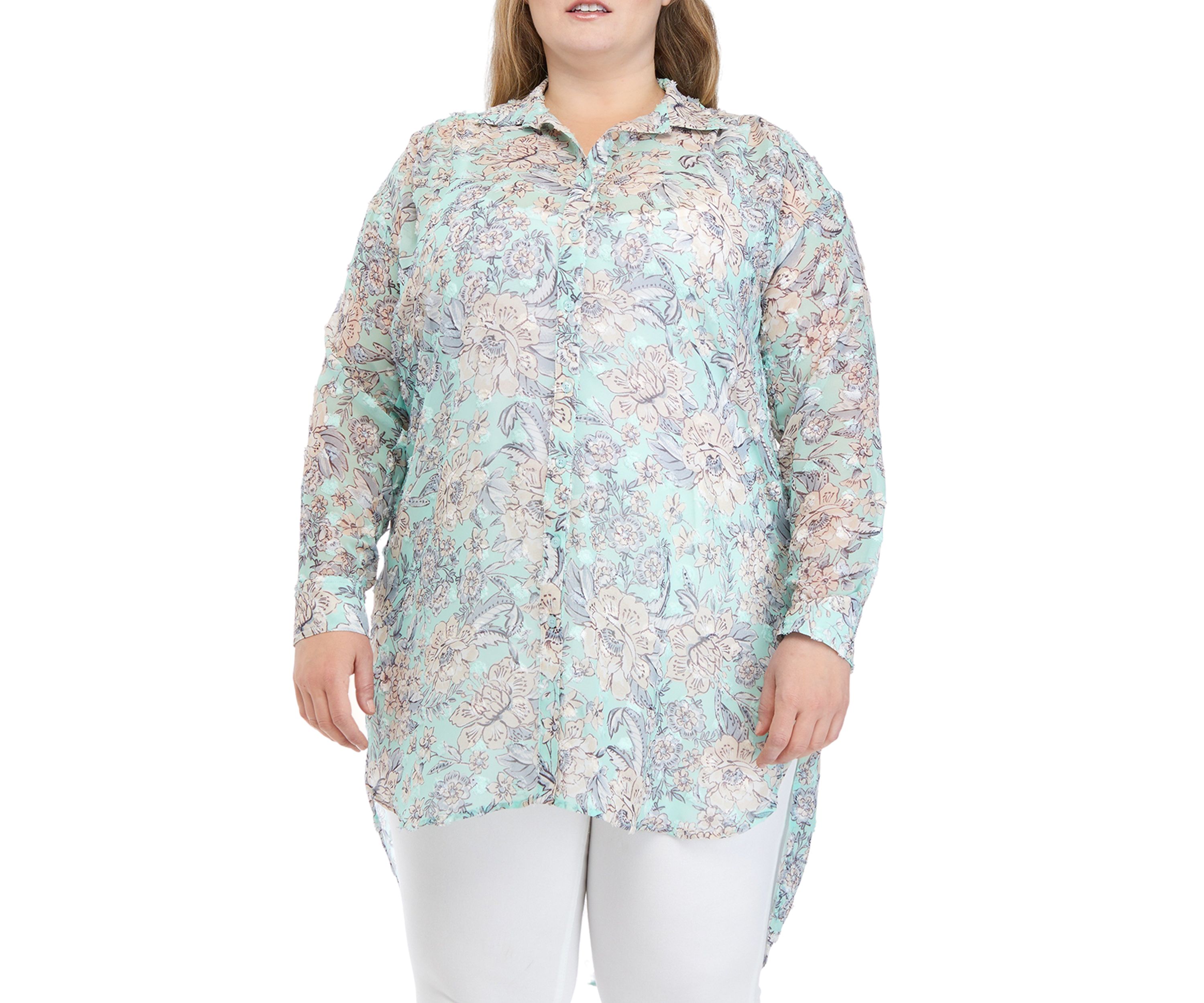 Plus Size Long Sleeve Button Down Textured Tunic Top 
