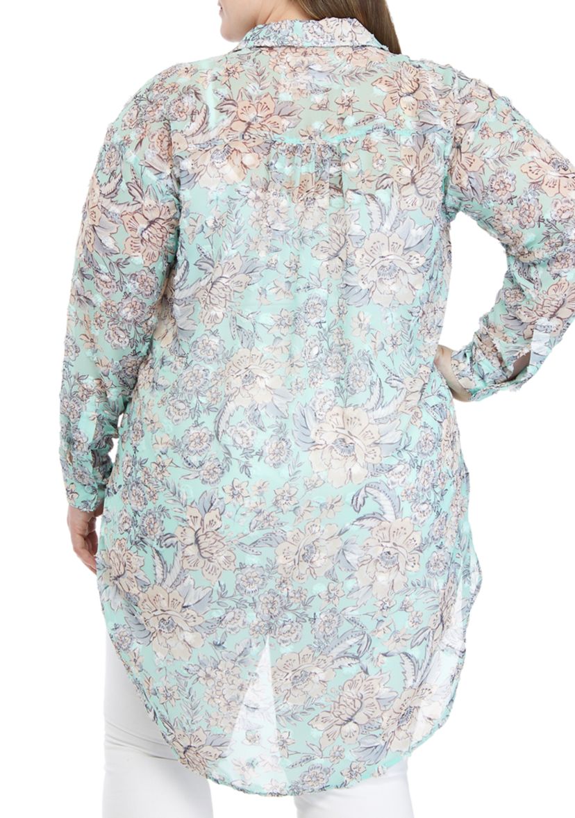 Plus Size Long Sleeve Button Down Textured Tunic Top 