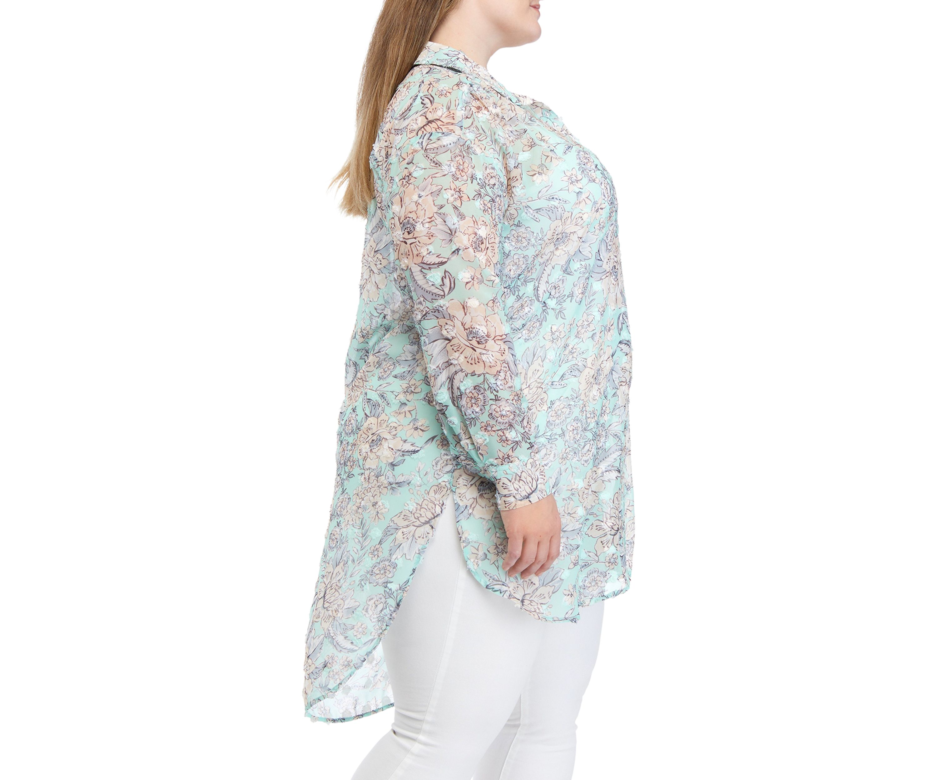 Plus Size Long Sleeve Button Down Textured Tunic Top 