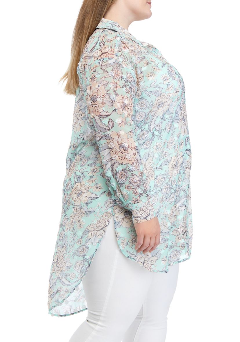 Plus Size Long Sleeve Button Down Textured Tunic Top 