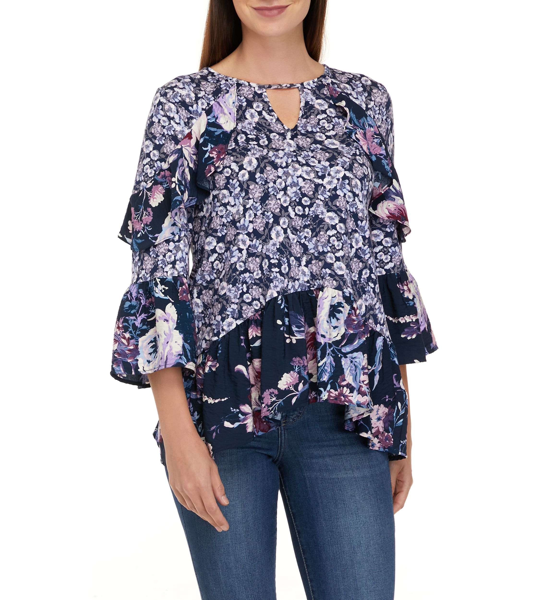 Womens 3/4 Sleeve Tiered Floral Mix Print Top with Cut Out