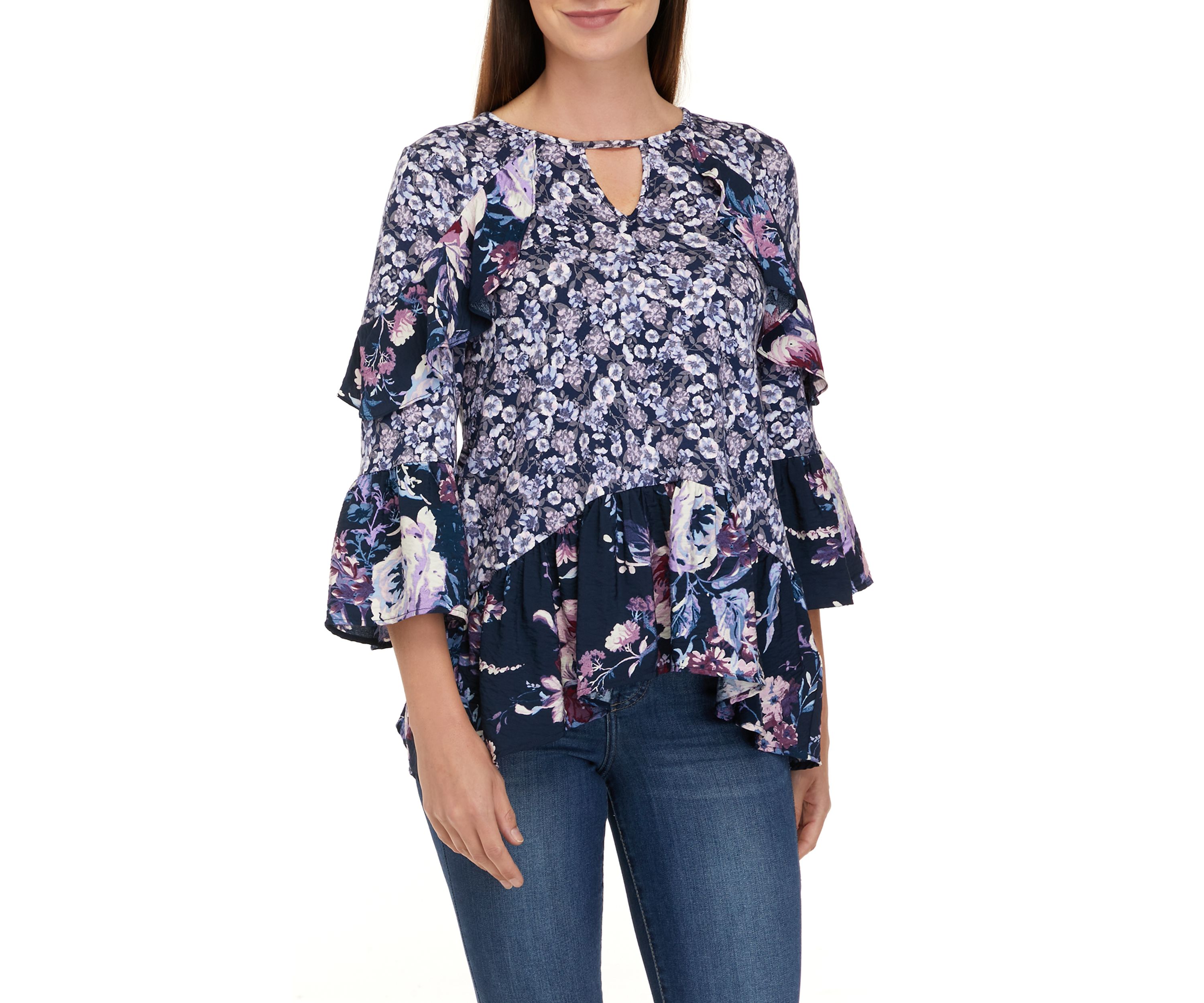 Womens 3/4 Sleeve Tiered Floral Mix Print Top with Cut Out