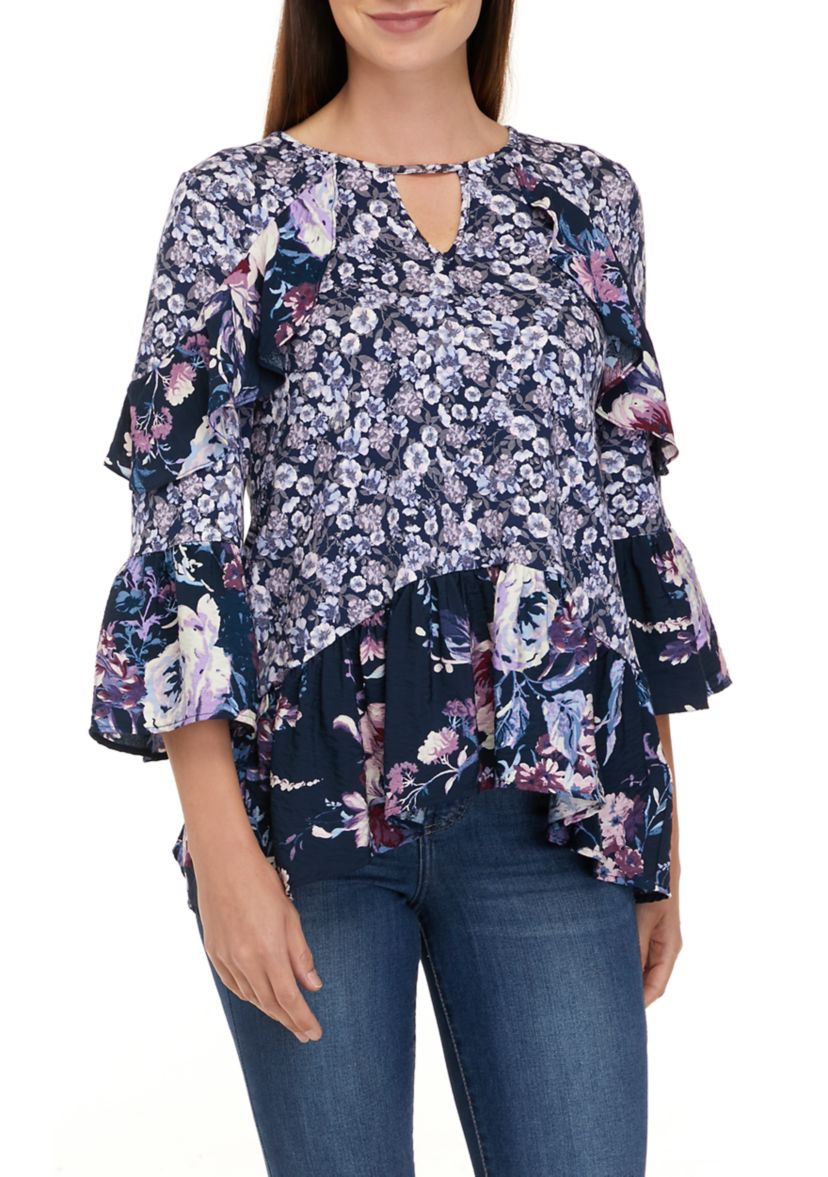Womens 3/4 Sleeve Tiered Floral Mix Print Top with Cut Out