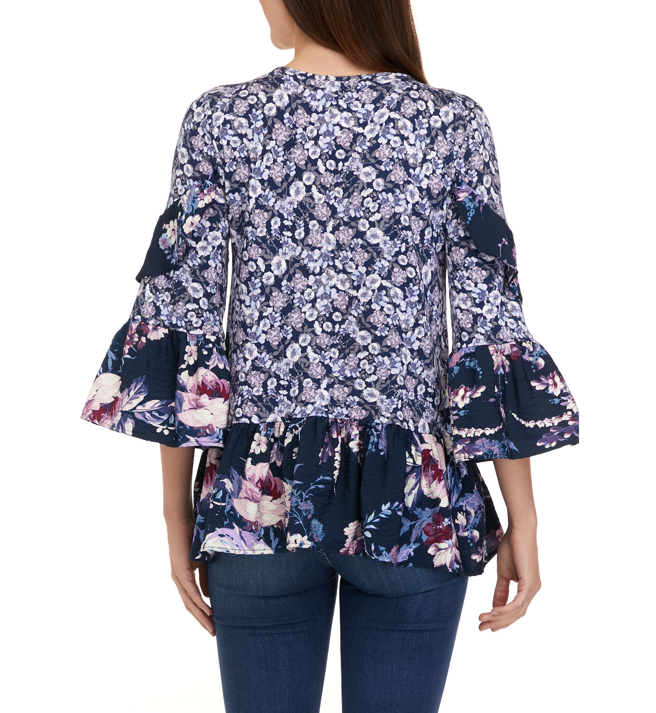 Womens 3/4 Sleeve Tiered Floral Mix Print Top with Cut Out