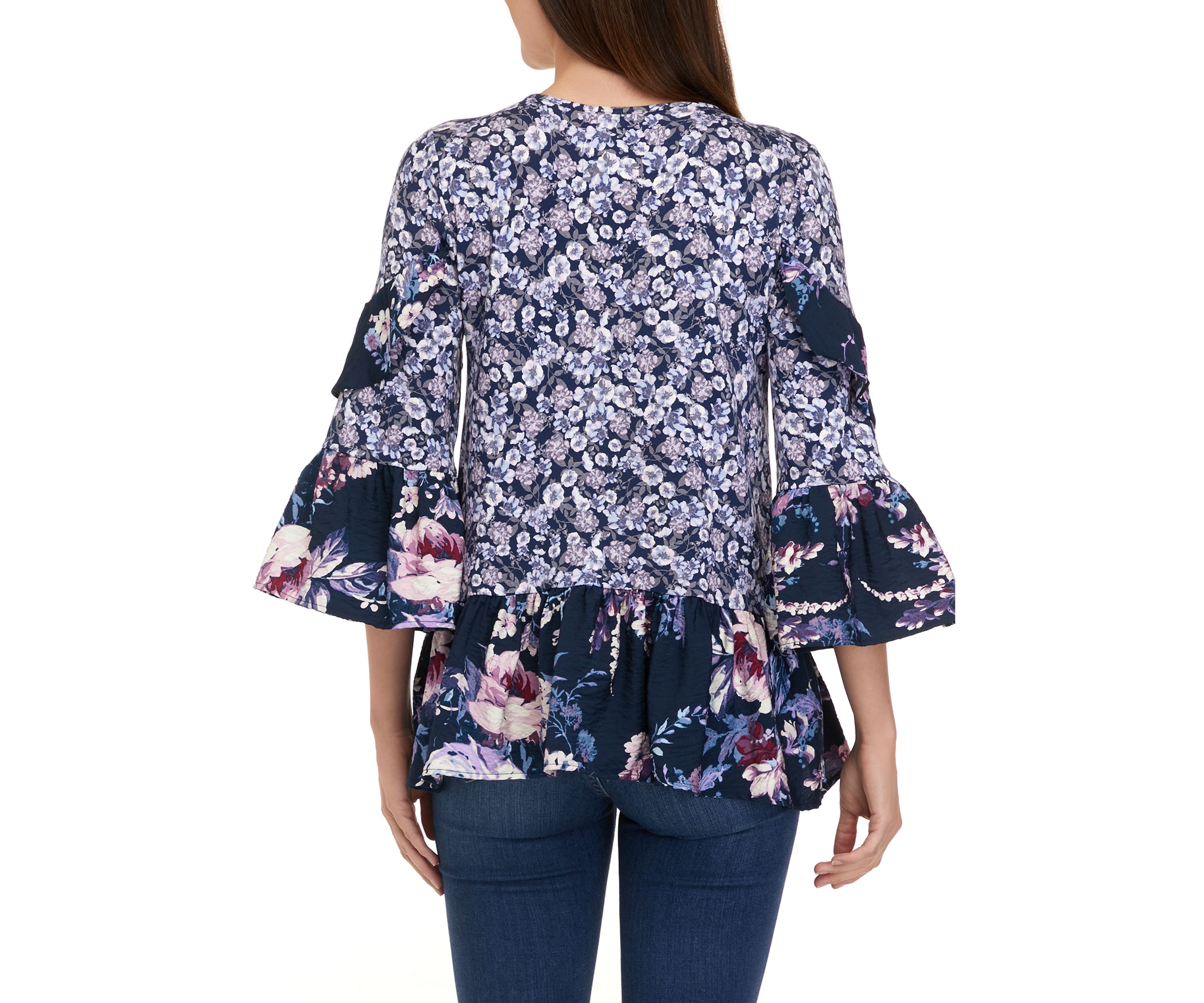 Womens 3/4 Sleeve Tiered Floral Mix Print Top with Cut Out