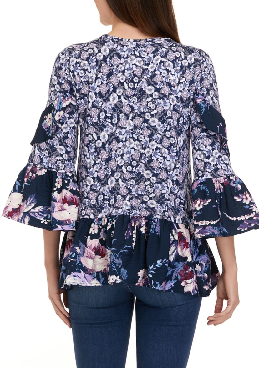 Womens 3/4 Sleeve Tiered Floral Mix Print Top with Cut Out