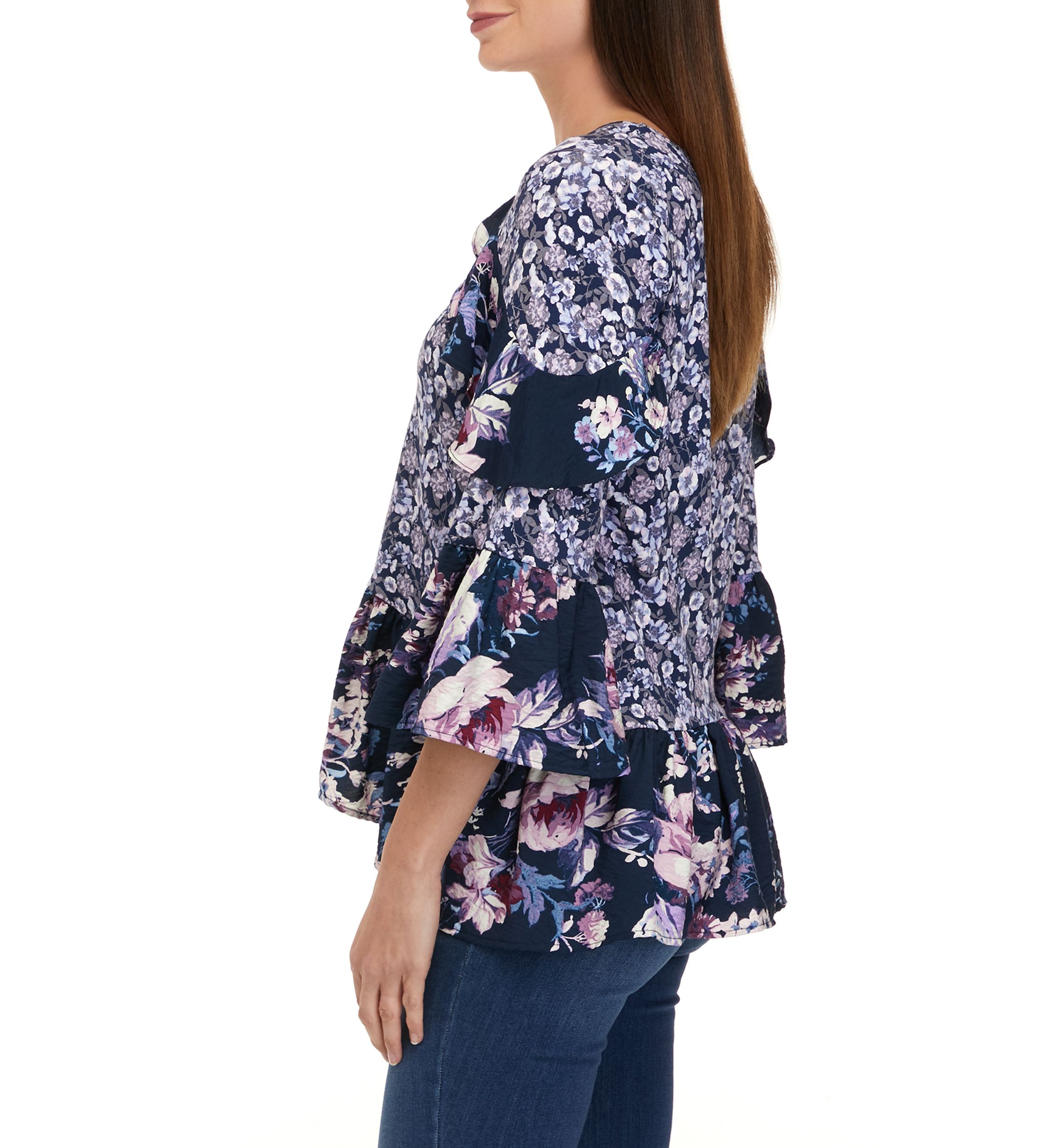 Womens 3/4 Sleeve Tiered Floral Mix Print Top with Cut Out