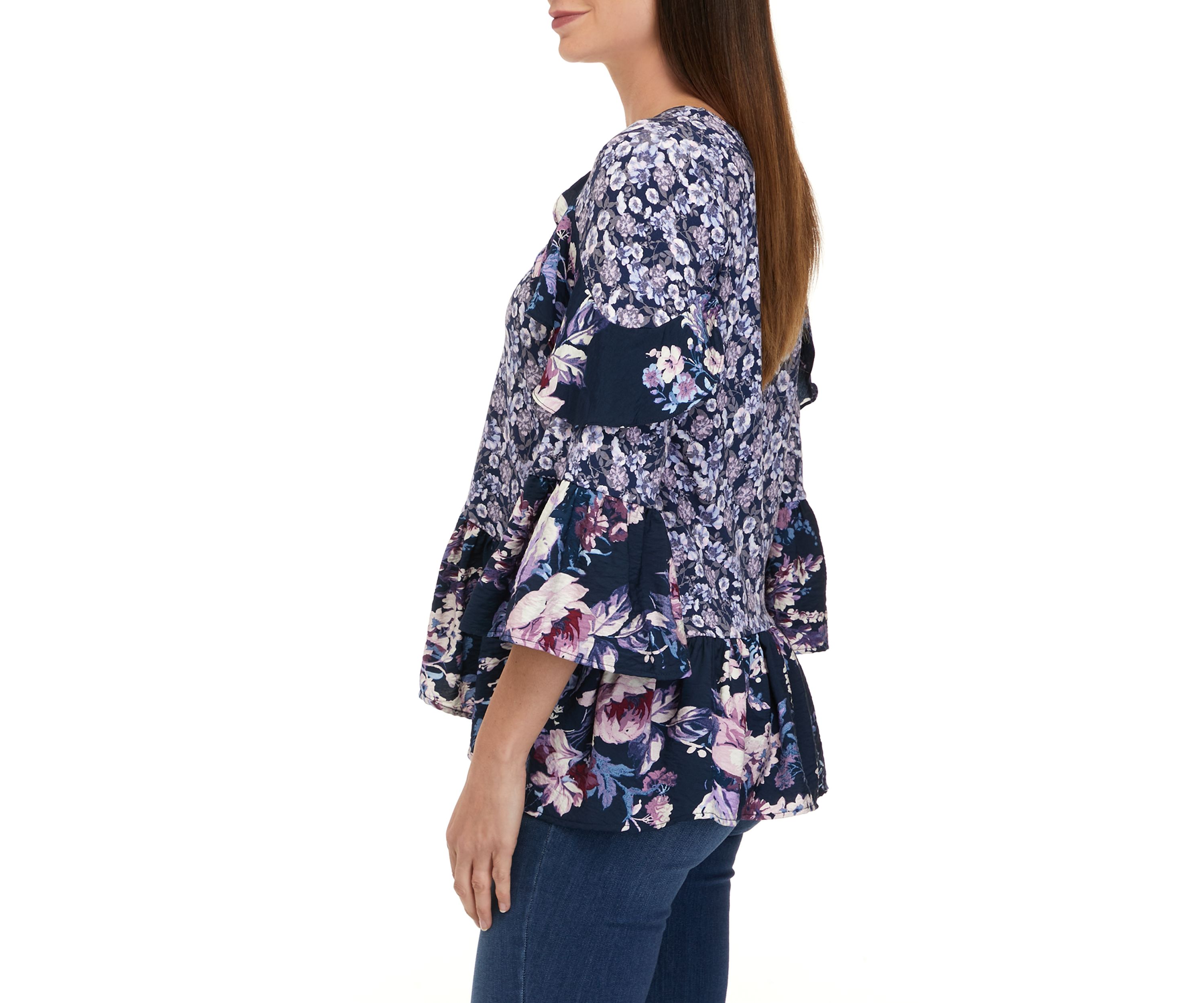 Womens 3/4 Sleeve Tiered Floral Mix Print Top with Cut Out