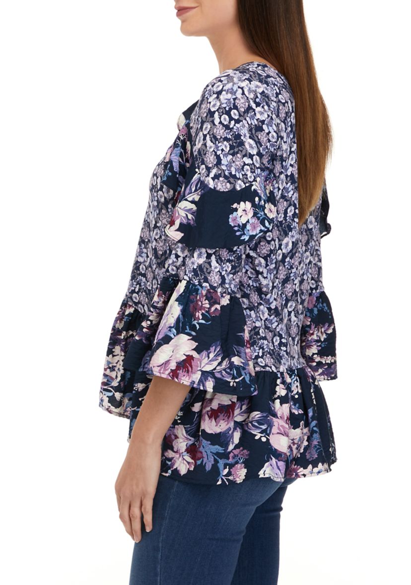 Womens 3/4 Sleeve Tiered Floral Mix Print Top with Cut Out