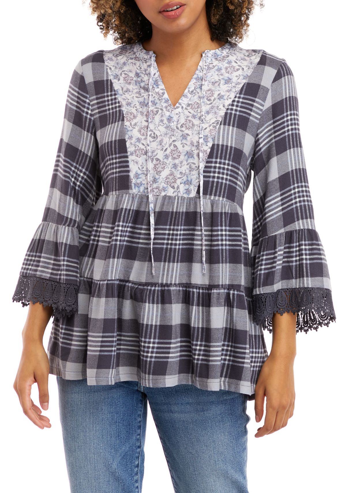 Womens 3/4 Sleeve Tiered Plaid Top
