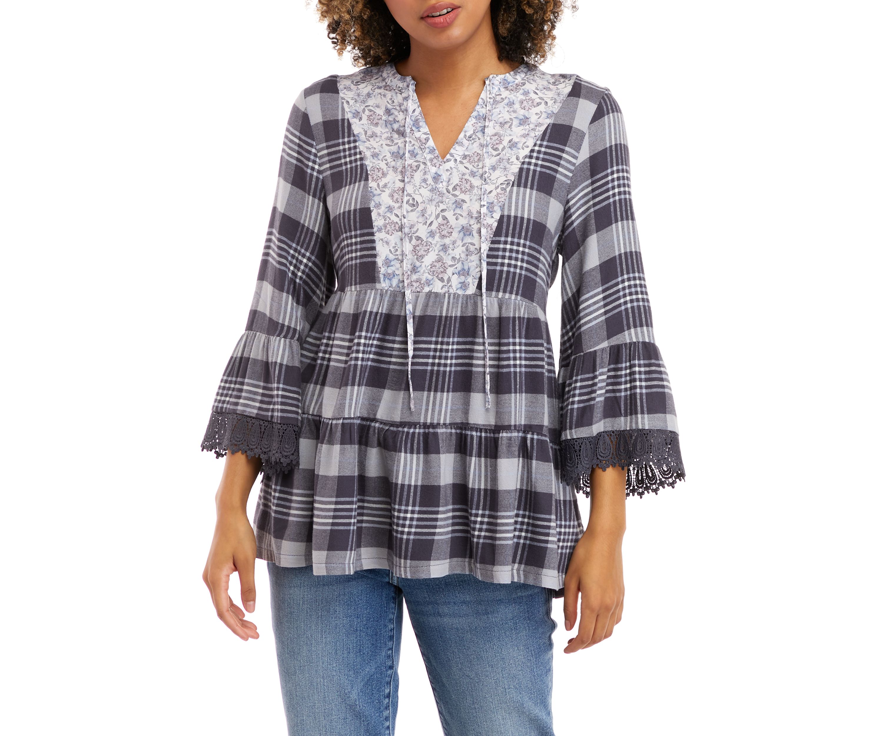 Womens 3/4 Sleeve Tiered Plaid Top