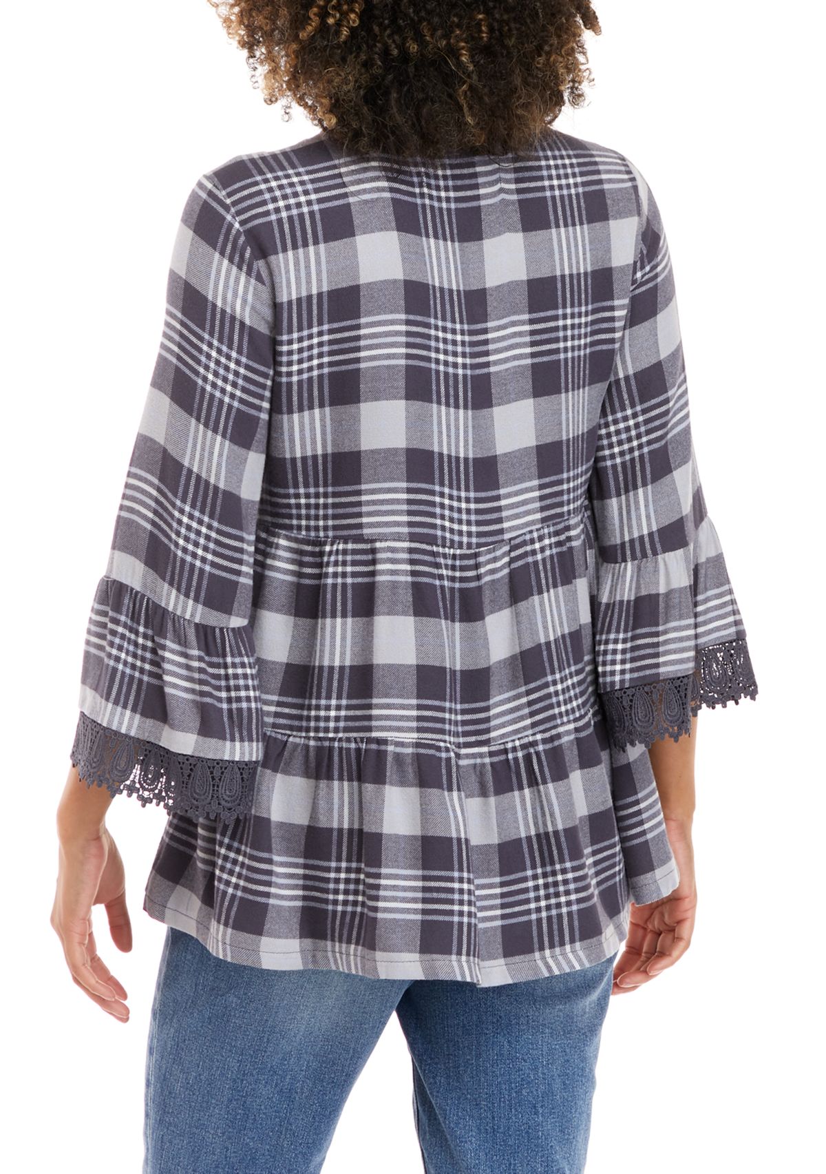 Womens 3/4 Sleeve Tiered Plaid Top