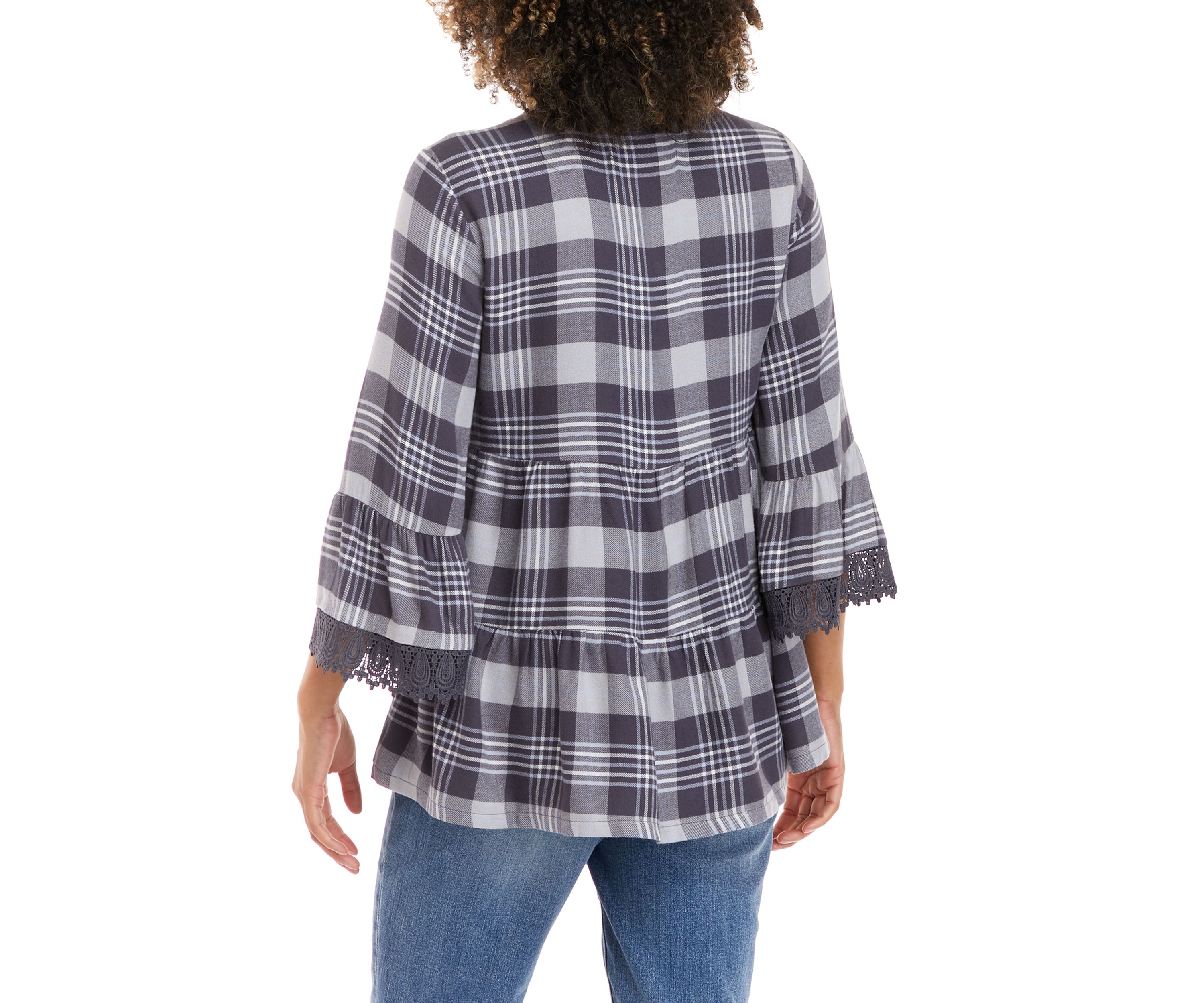 Womens 3/4 Sleeve Tiered Plaid Top