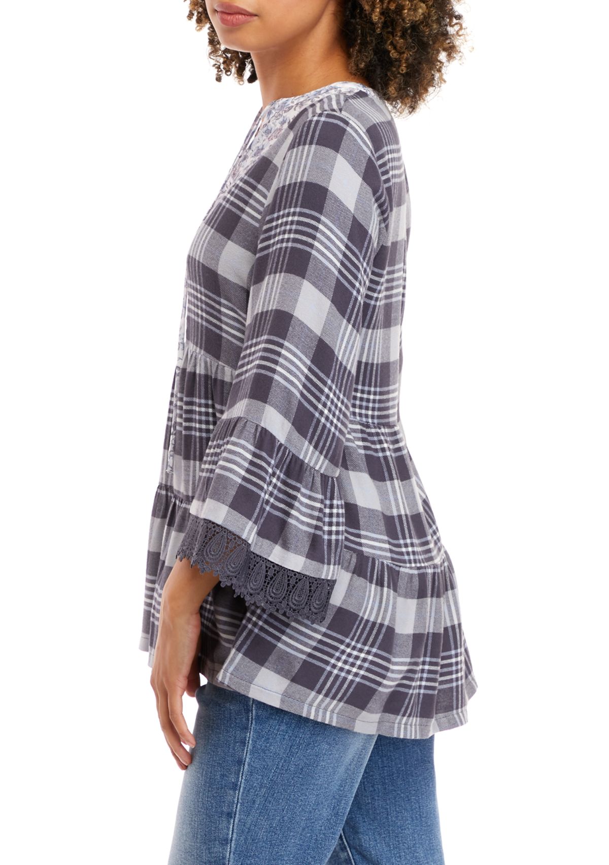 Womens 3/4 Sleeve Tiered Plaid Top