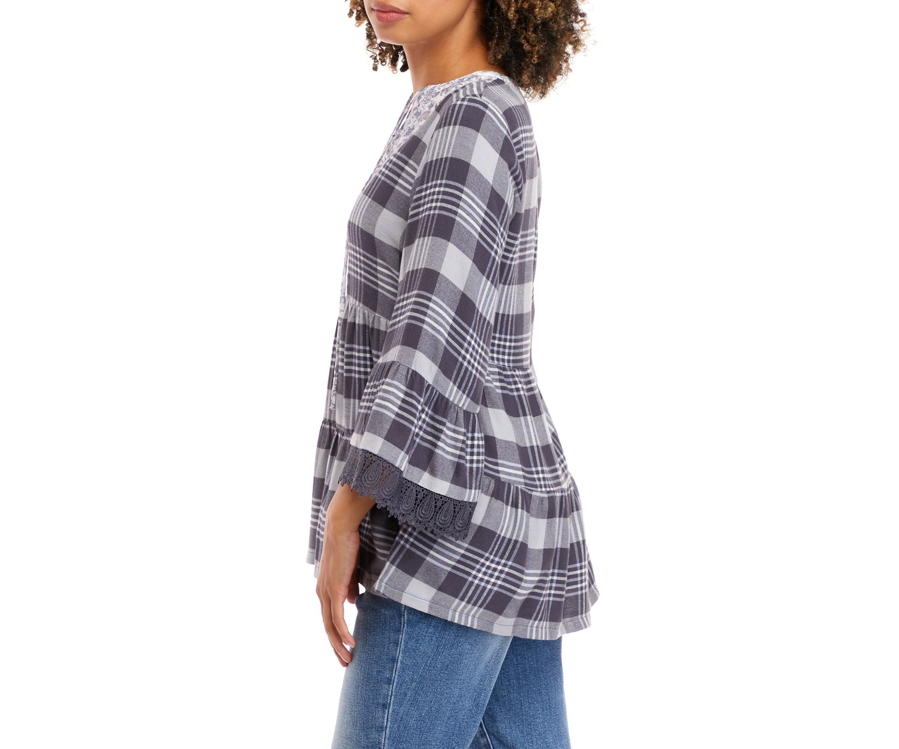 Womens 3/4 Sleeve Tiered Plaid Top