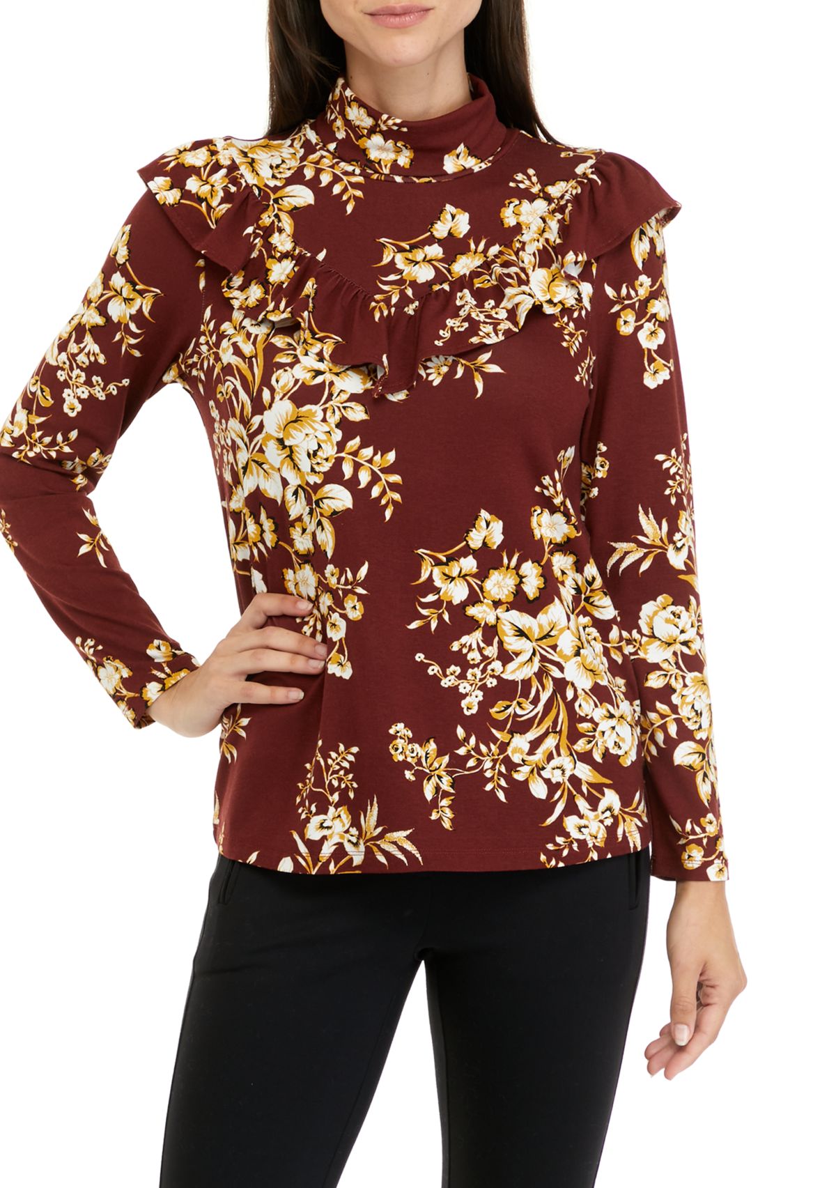 Womens Long Sleeve Floral Turtleneck Top