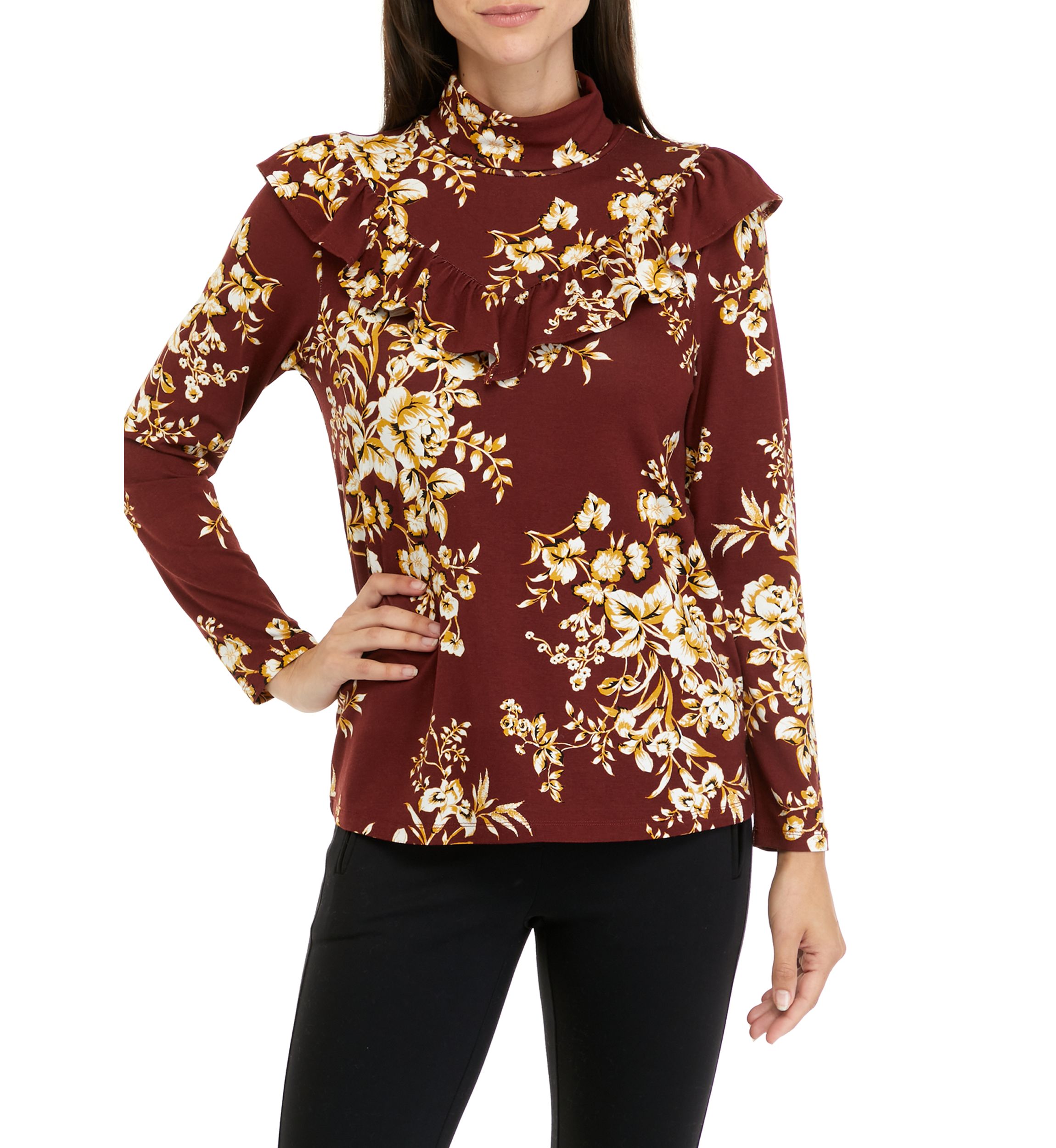Womens Long Sleeve Floral Turtleneck Top