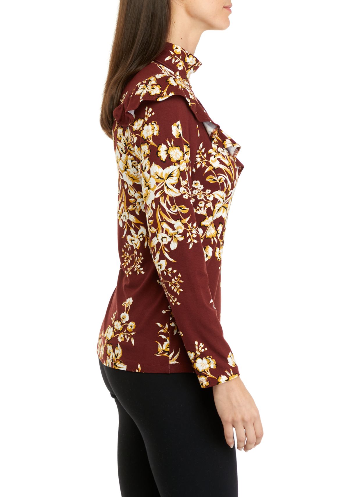 Womens Long Sleeve Floral Turtleneck Top
