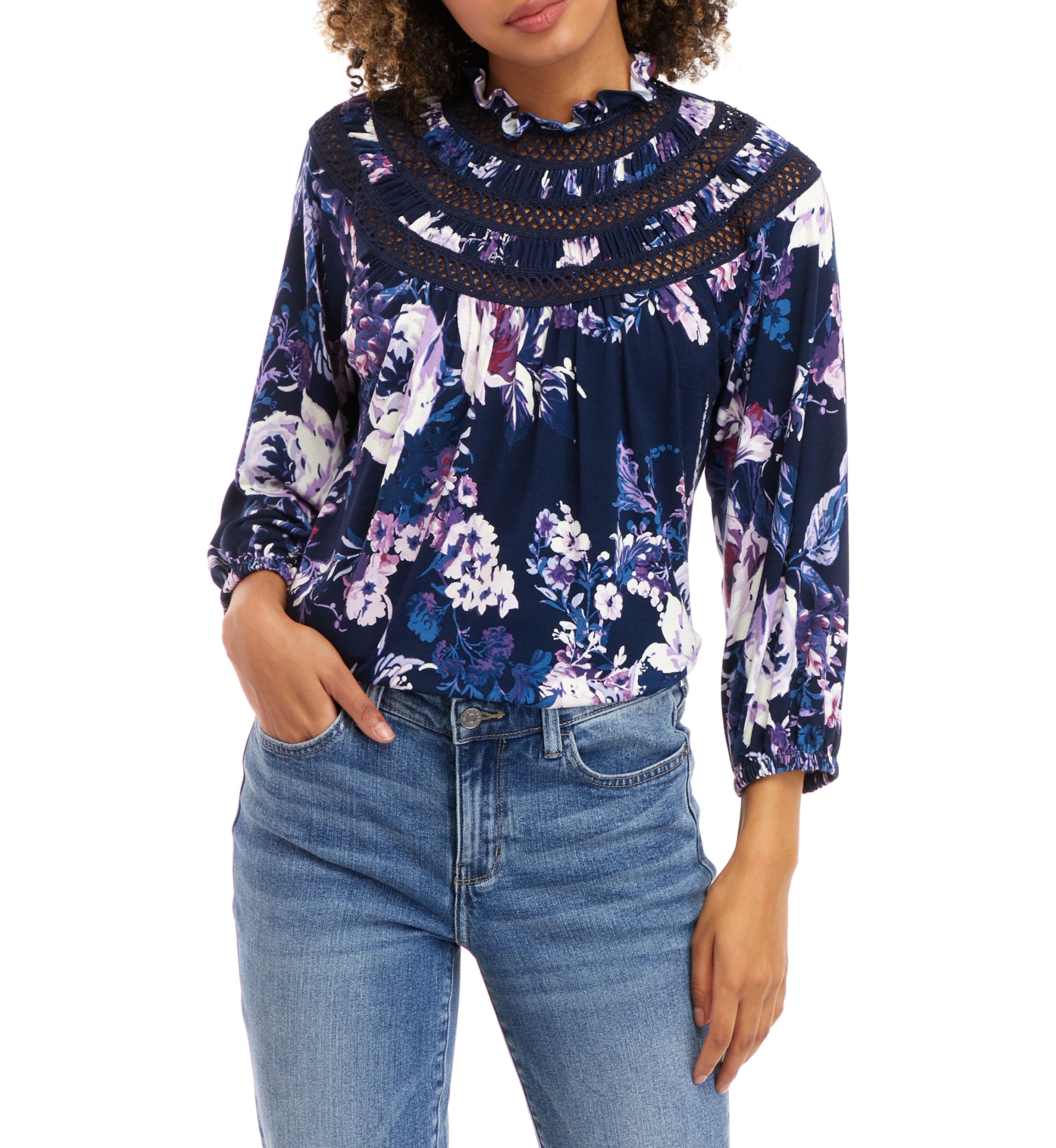 Womens Long Sleeve Ruffle Neck Floral Knit Top
