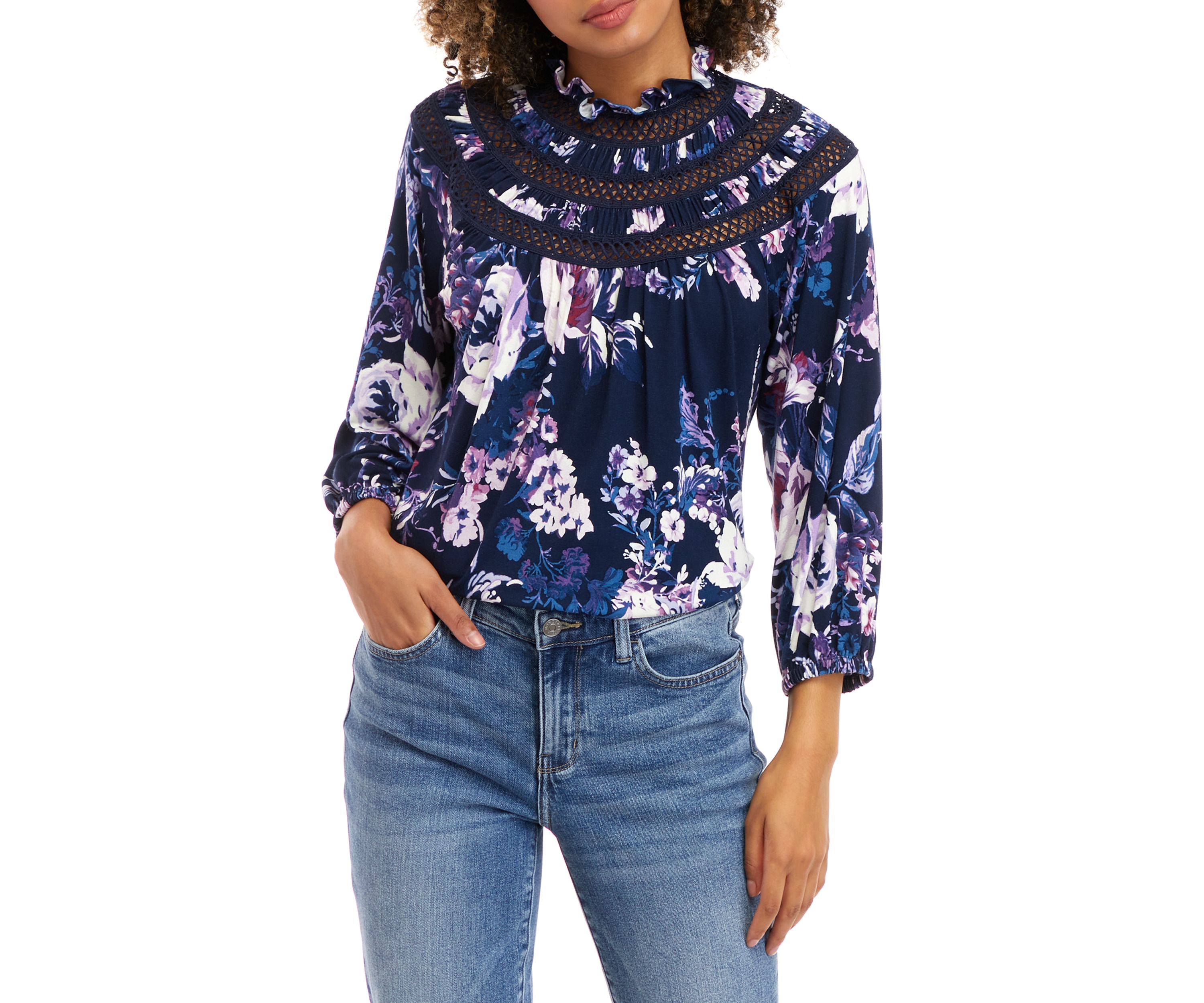 Womens Long Sleeve Ruffle Neck Floral Knit Top
