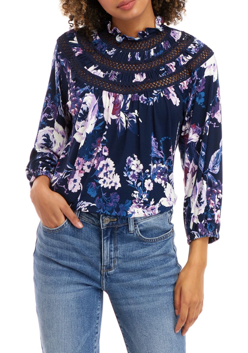 Womens Long Sleeve Ruffle Neck Floral Knit Top