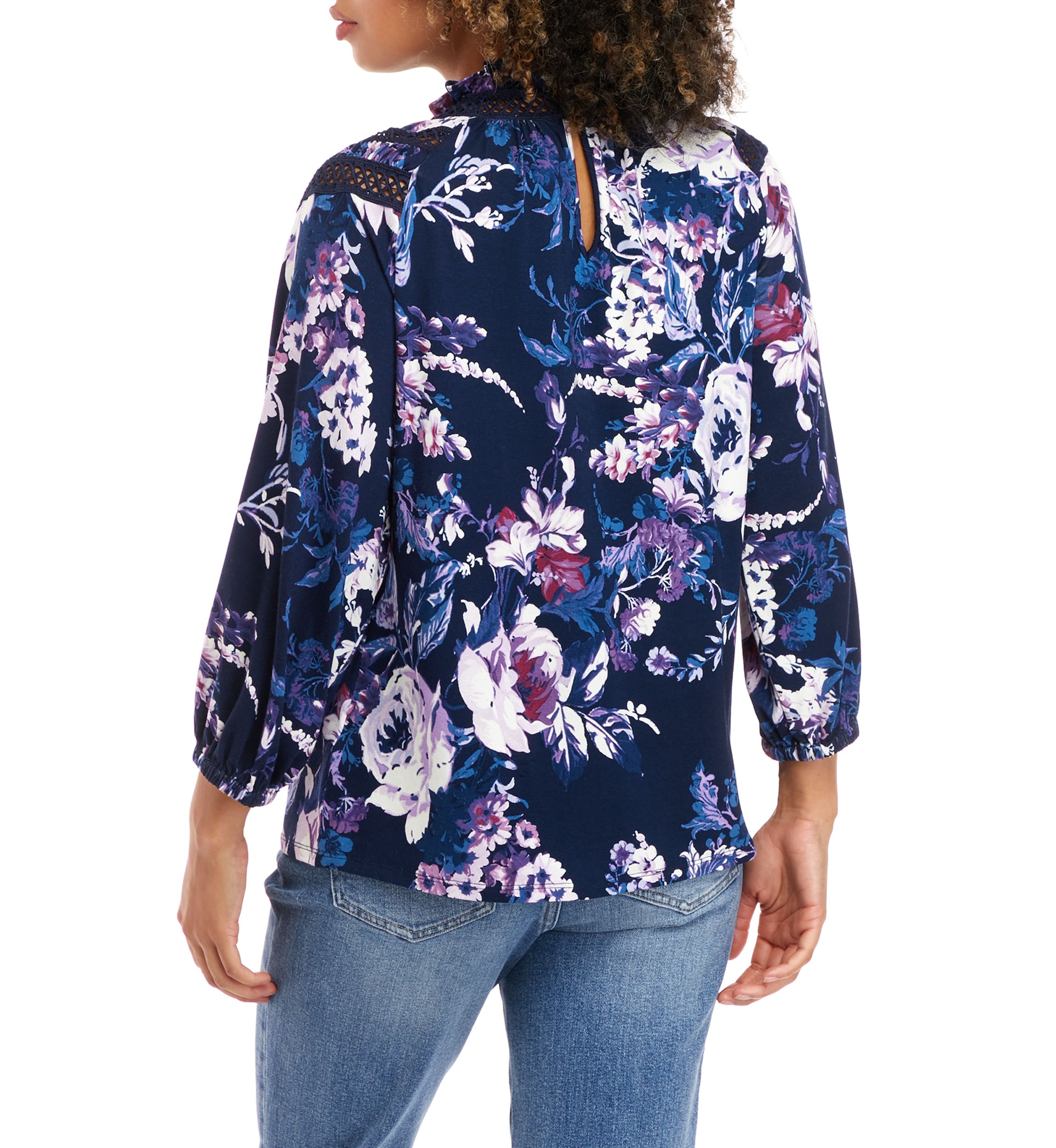 Womens Long Sleeve Ruffle Neck Floral Knit Top