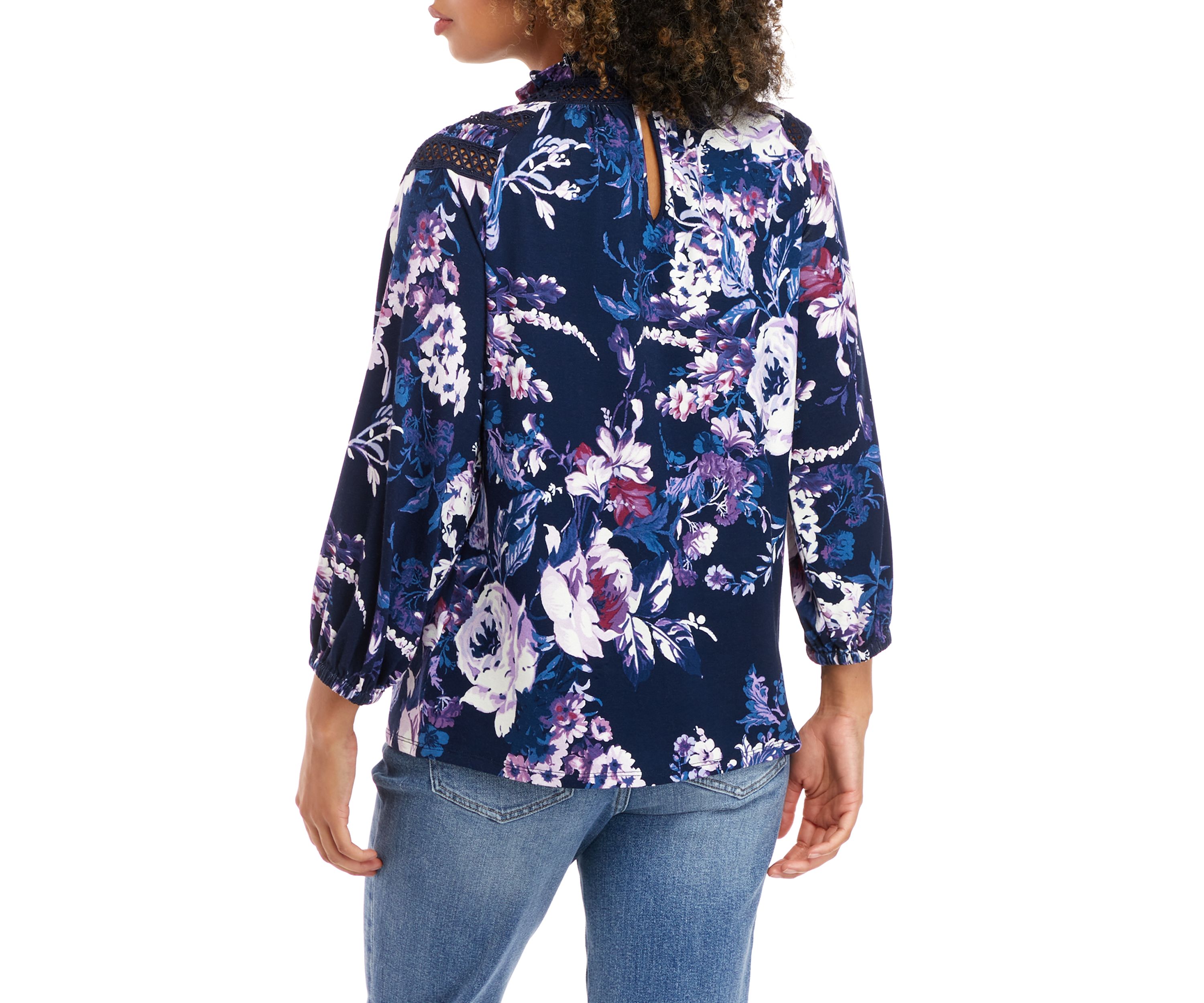 Womens Long Sleeve Ruffle Neck Floral Knit Top