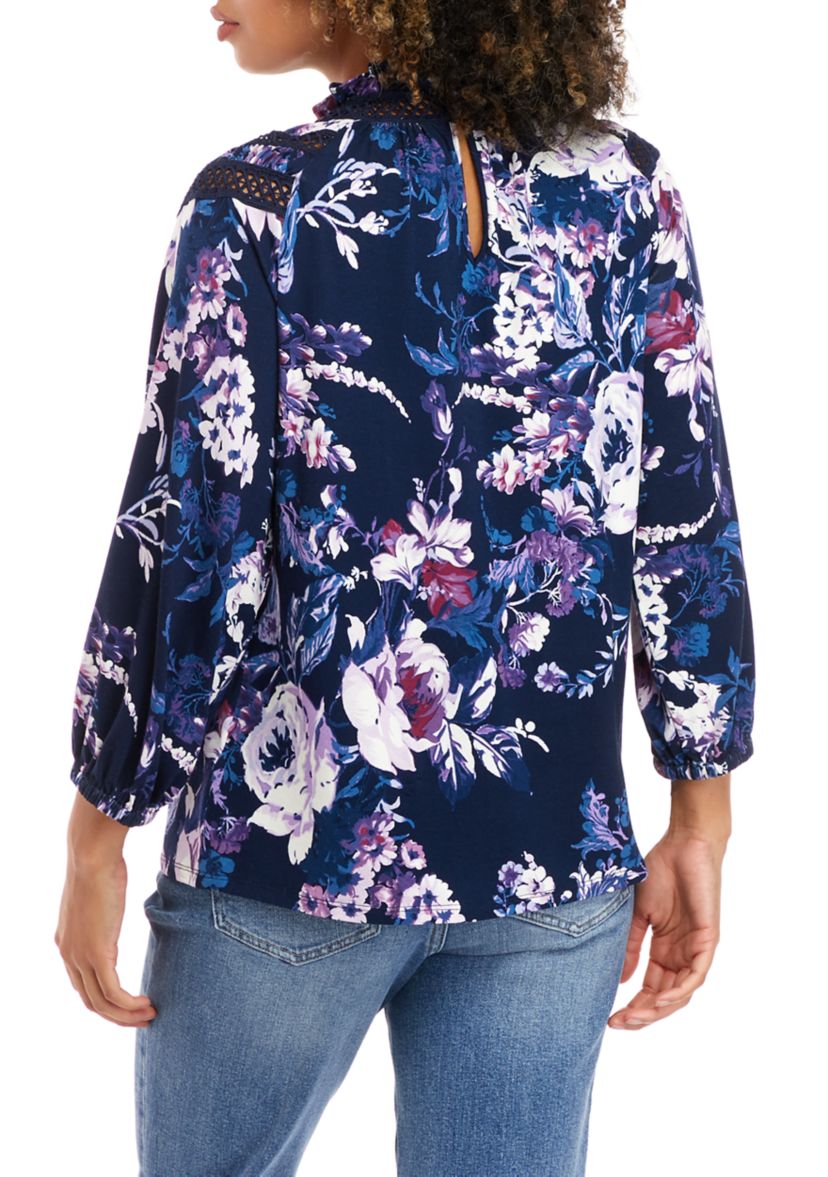 Womens Long Sleeve Ruffle Neck Floral Knit Top
