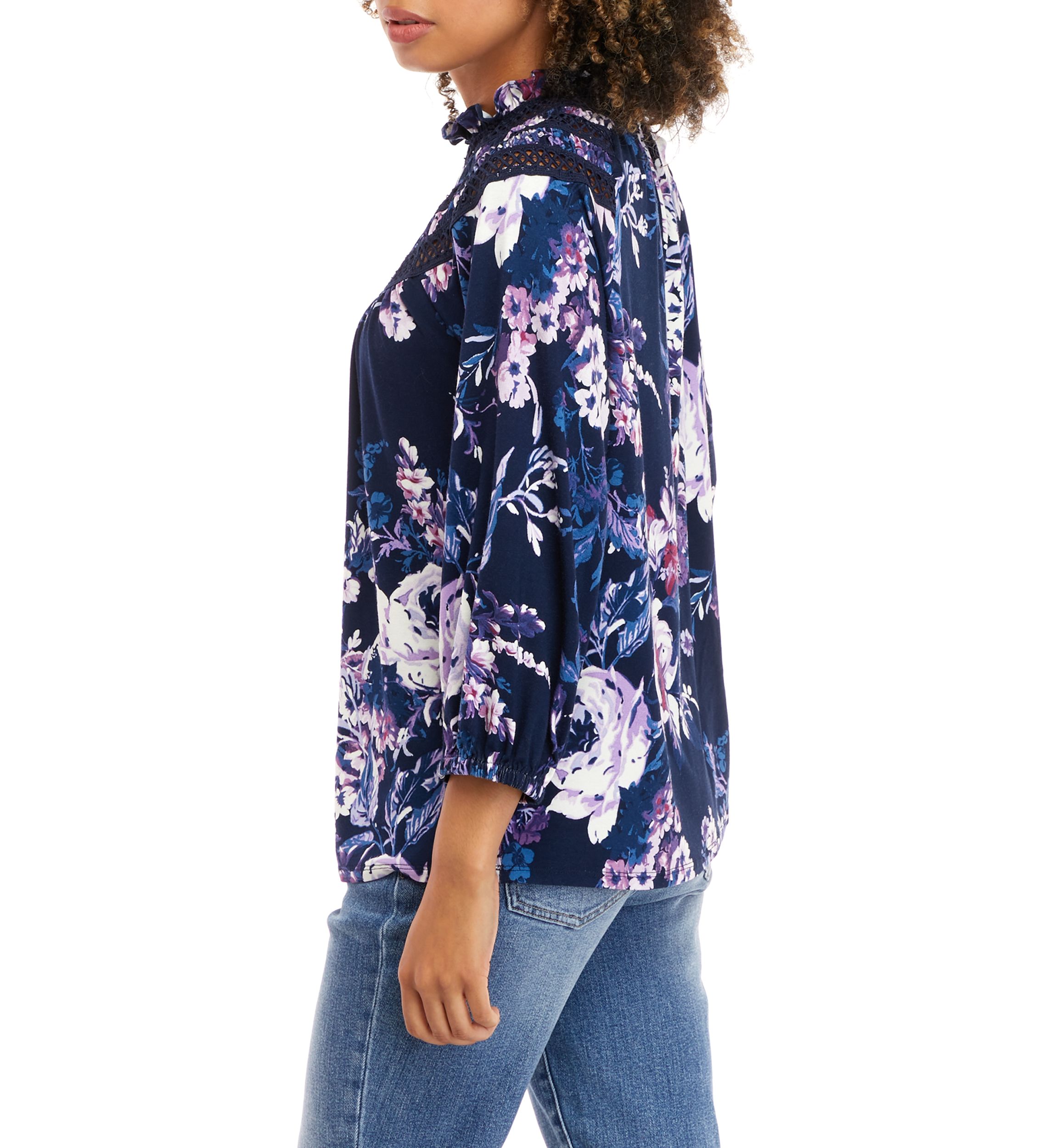 Womens Long Sleeve Ruffle Neck Floral Knit Top