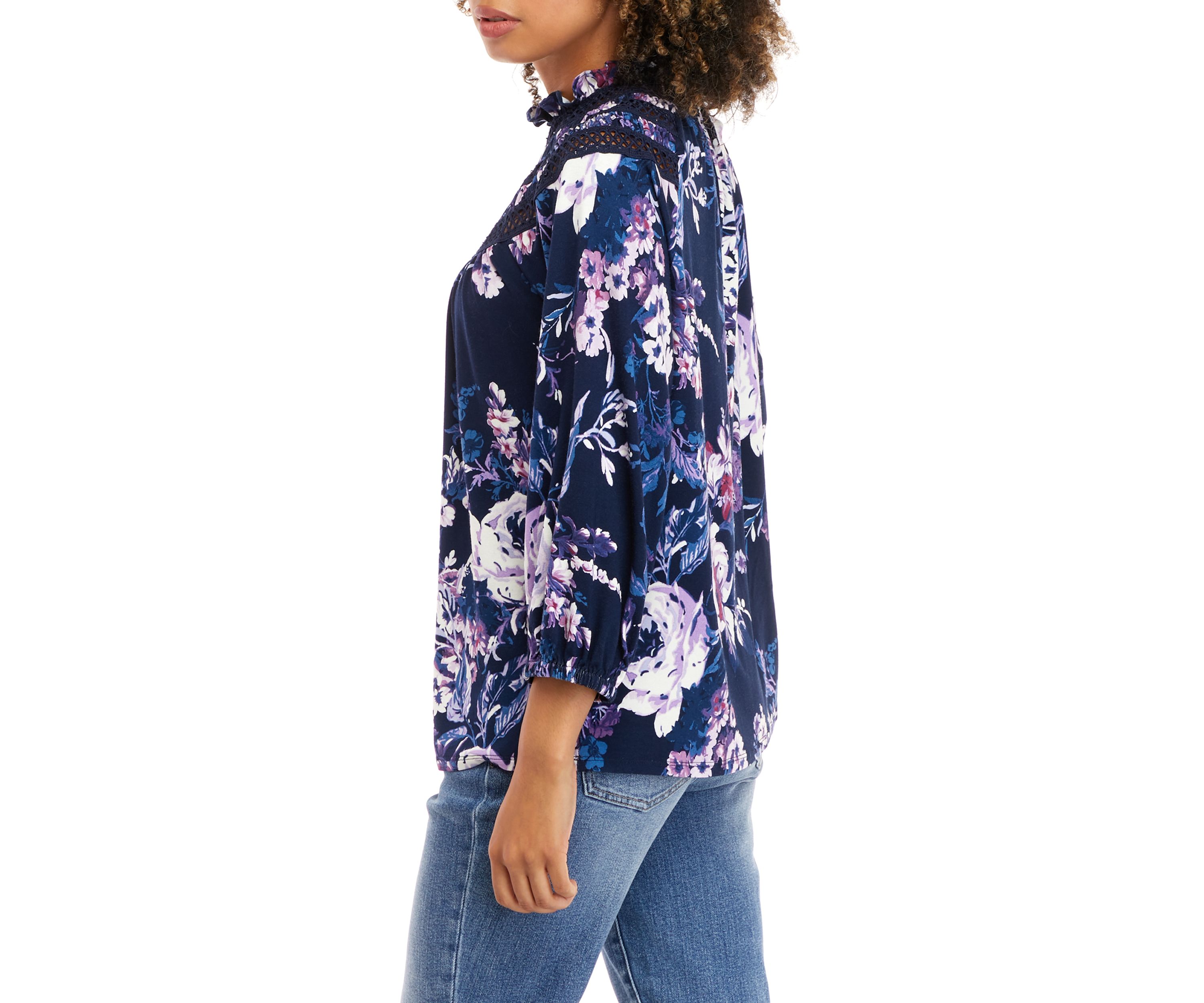 Womens Long Sleeve Ruffle Neck Floral Knit Top