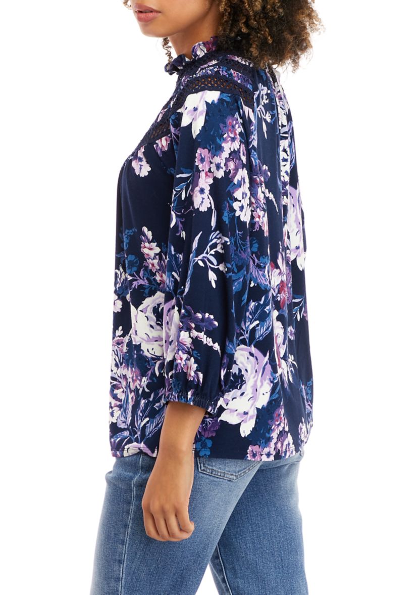Womens Long Sleeve Ruffle Neck Floral Knit Top