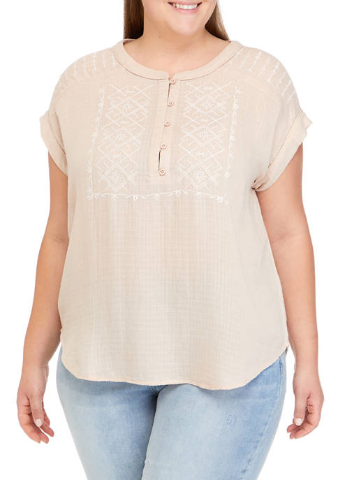 Cupio Short Extended Shoulder Henley Top with Embroidery