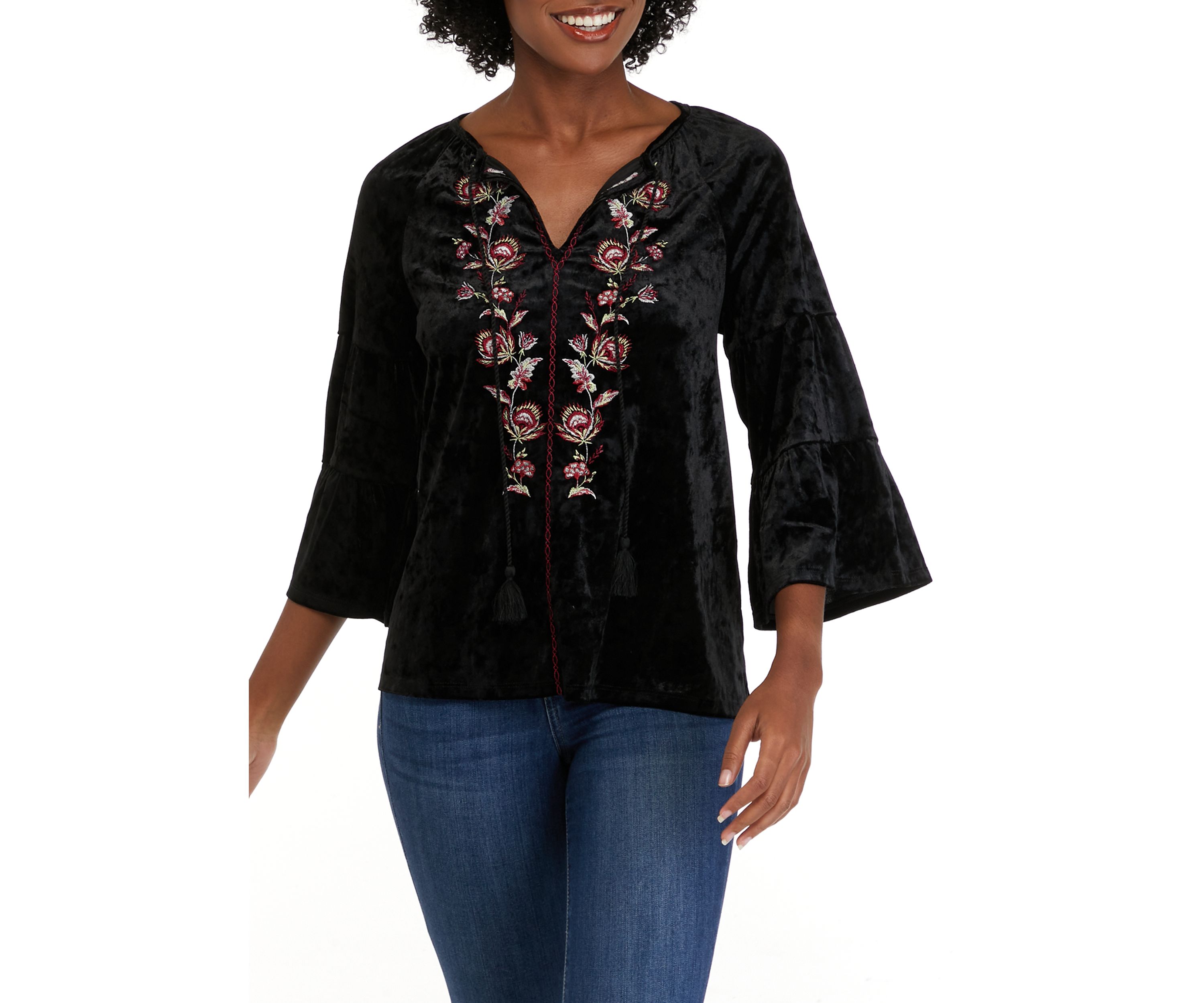 Womens 3/4 Sleeve Velvet Embroidered Peasant Top