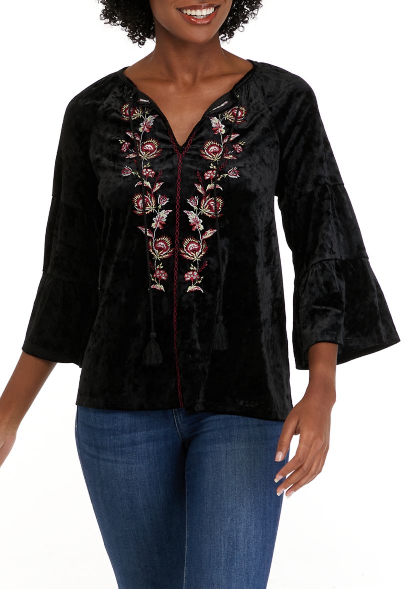 Womens 3/4 Sleeve Velvet Embroidered Peasant Top