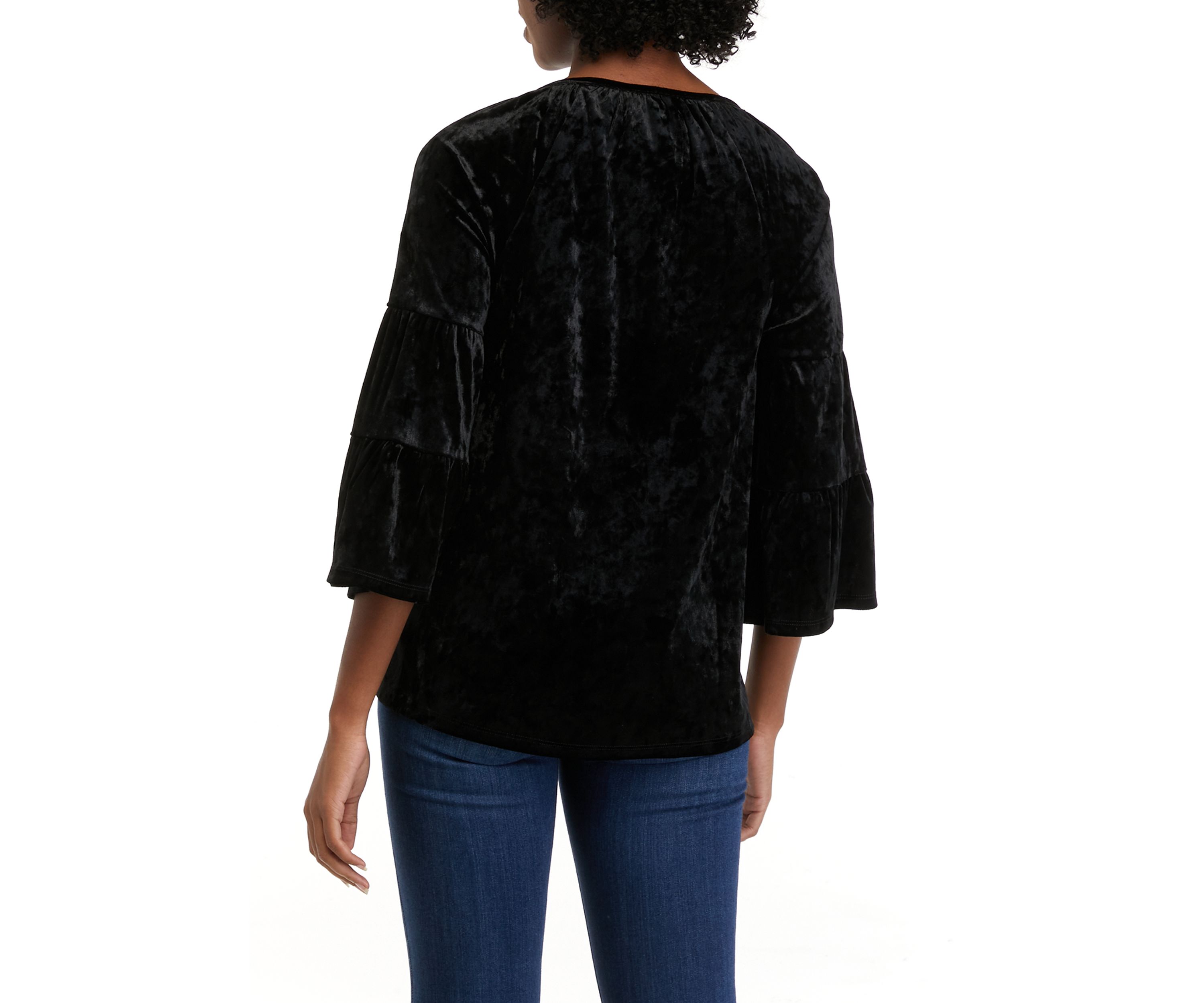 Womens 3/4 Sleeve Velvet Embroidered Peasant Top