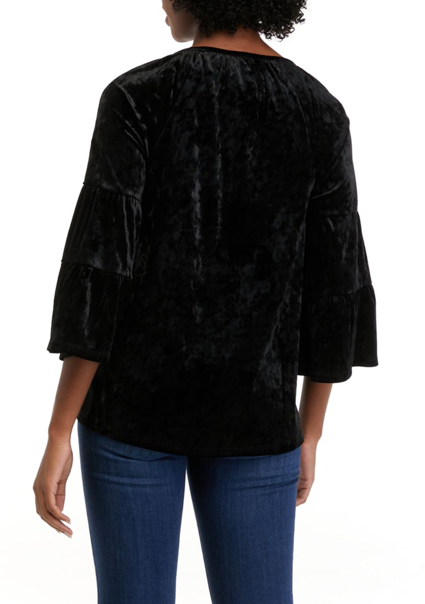 Womens 3/4 Sleeve Velvet Embroidered Peasant Top
