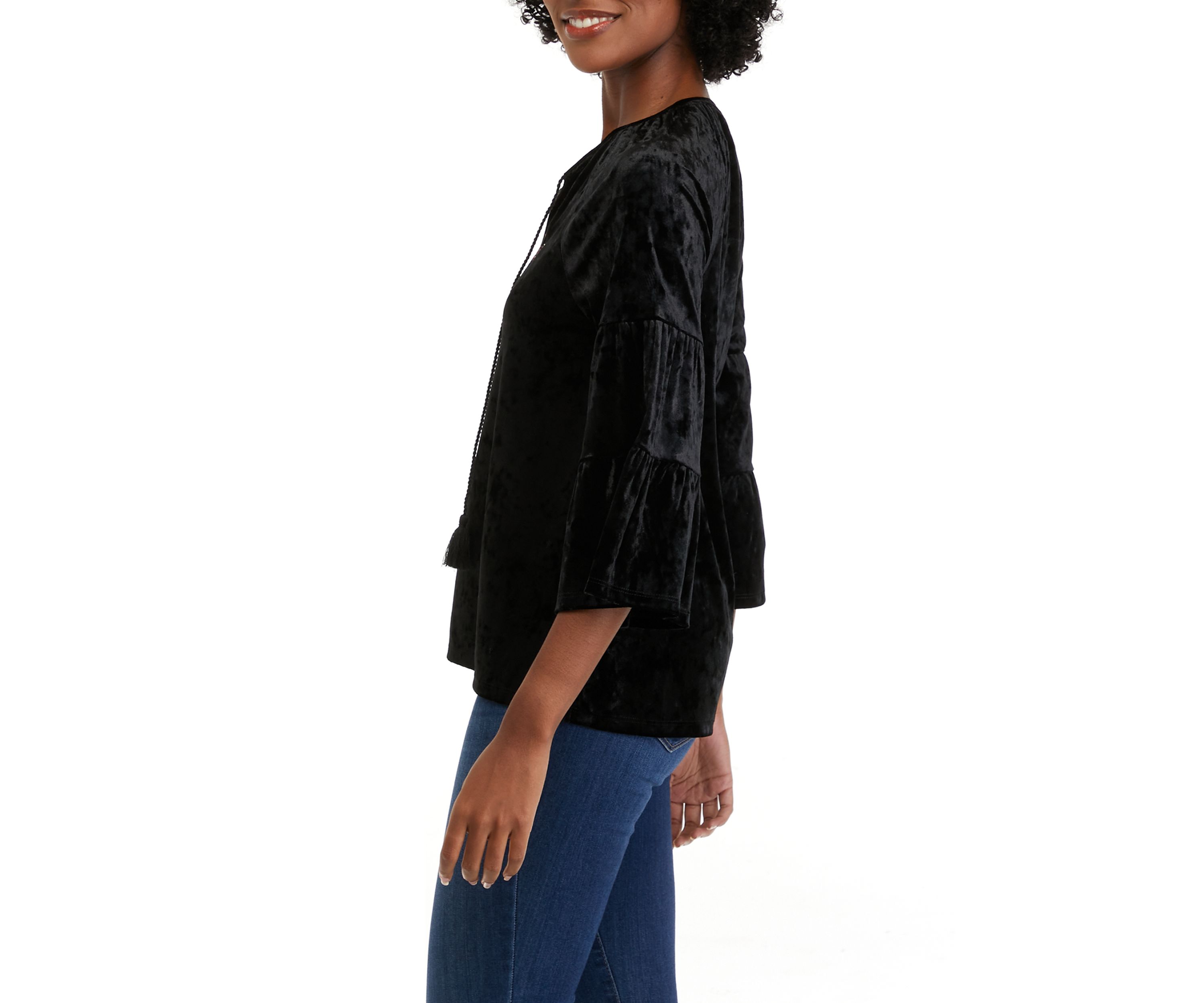 Womens 3/4 Sleeve Velvet Embroidered Peasant Top