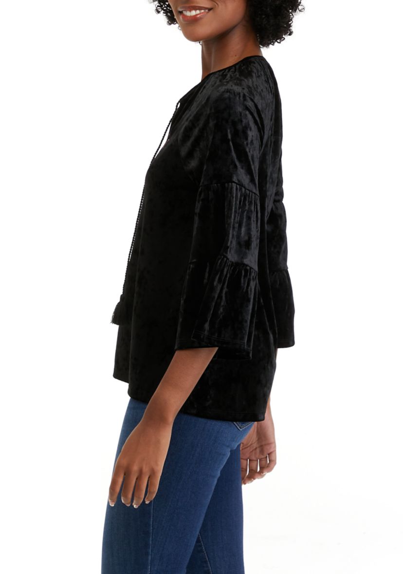 Womens 3/4 Sleeve Velvet Embroidered Peasant Top