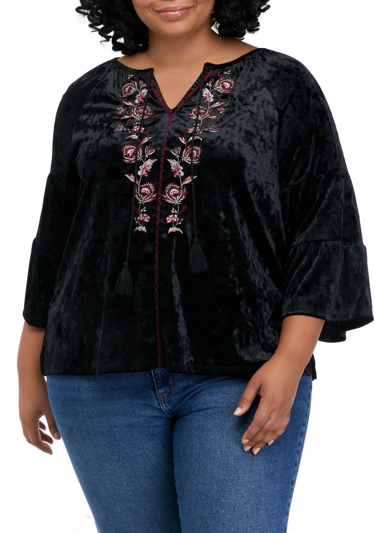  Plus Size Long Sleeve Embroidered Peasant Shirt