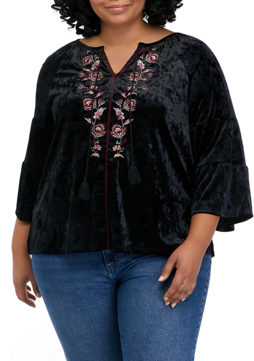  Plus Size Long Sleeve Embroidered Peasant Shirt