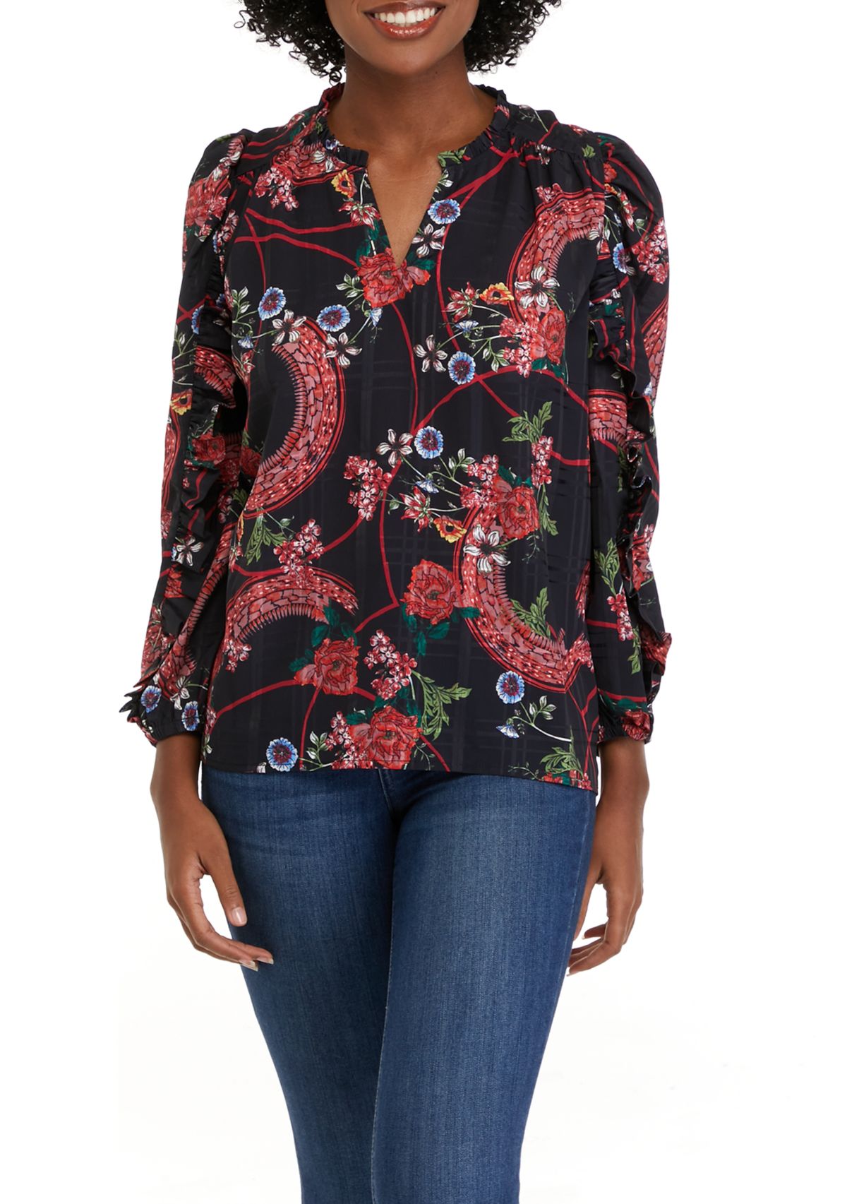 Womens Long Sleeve Printed Split Neck Blouse