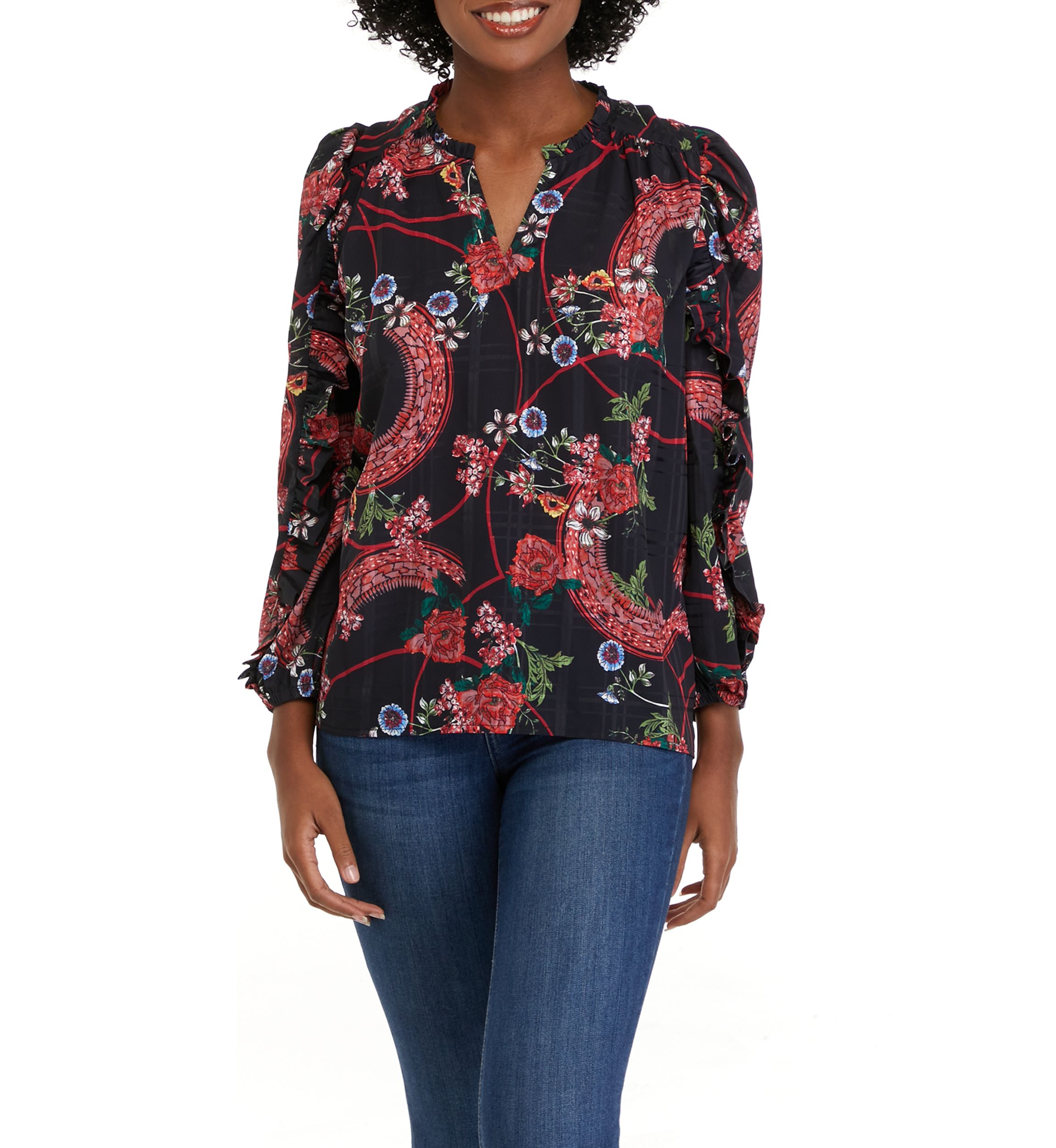 Womens Long Sleeve Printed Split Neck Blouse