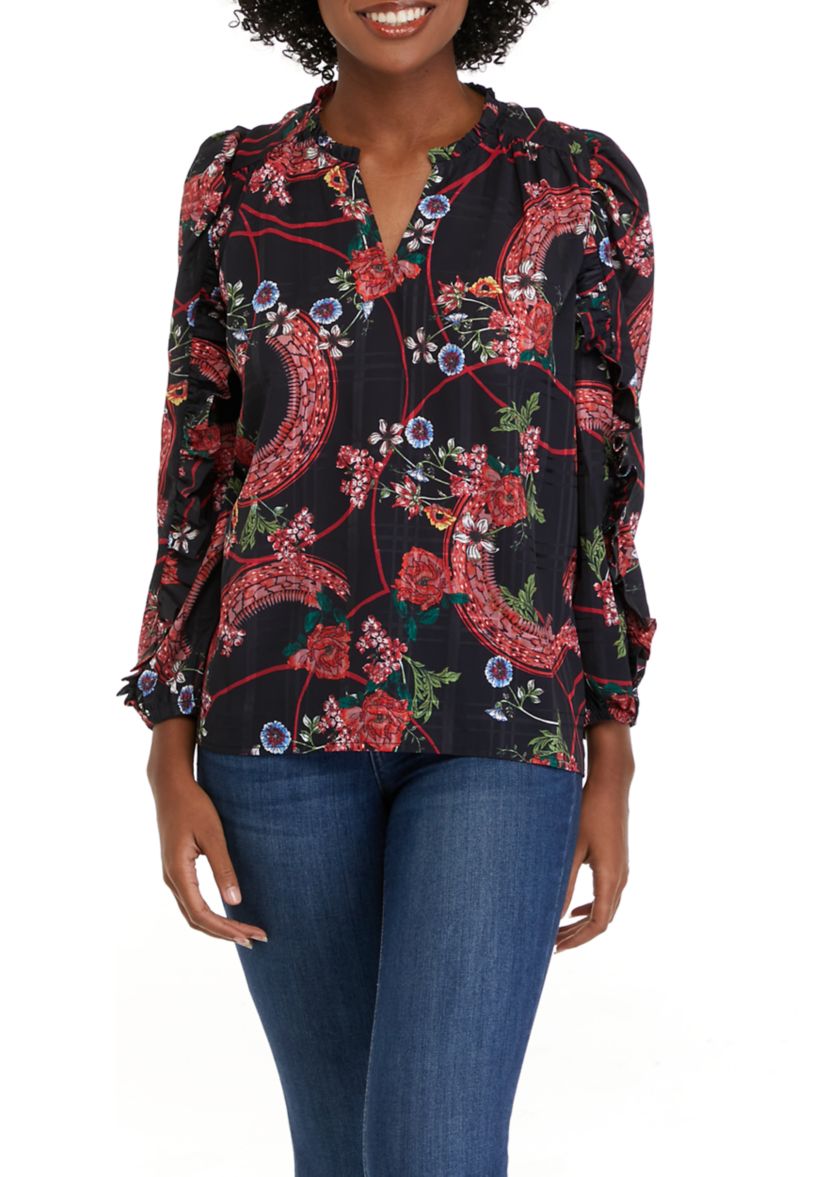 Womens Long Sleeve Printed Split Neck Blouse